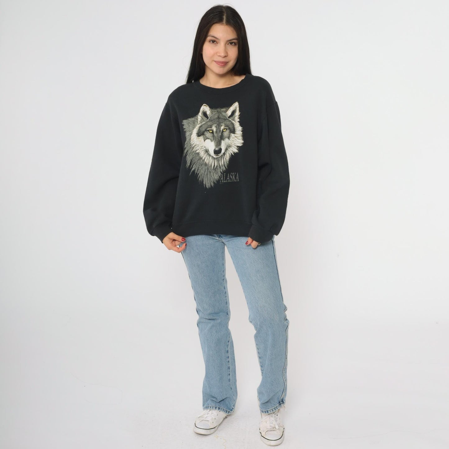 Y2K Wolf Alaska Graphic Sweatshirt Black Crewneck Small S