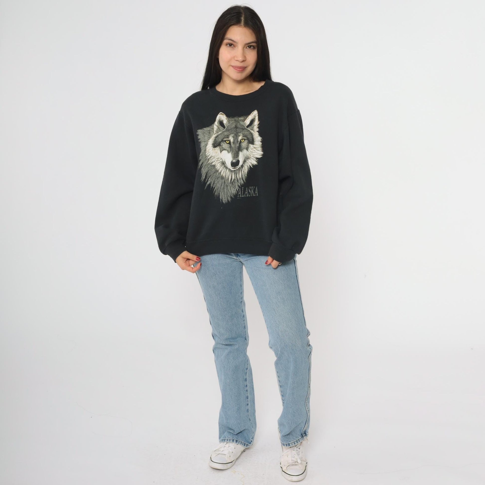 Y2K Wolf Alaska Graphic Sweatshirt Black Crewneck Small S