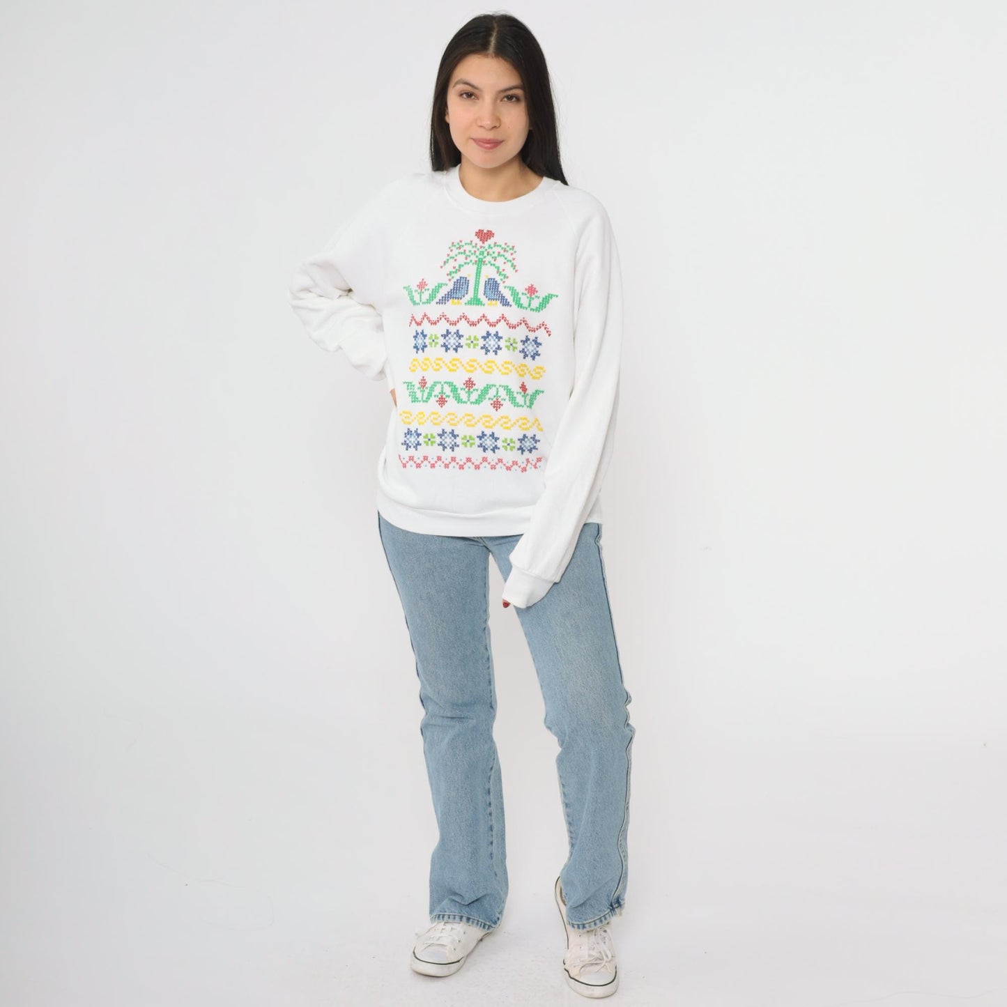 90s Jerzees Birds Floral Cross Stitch Graphic Sweatshirt White Crewneck Large L