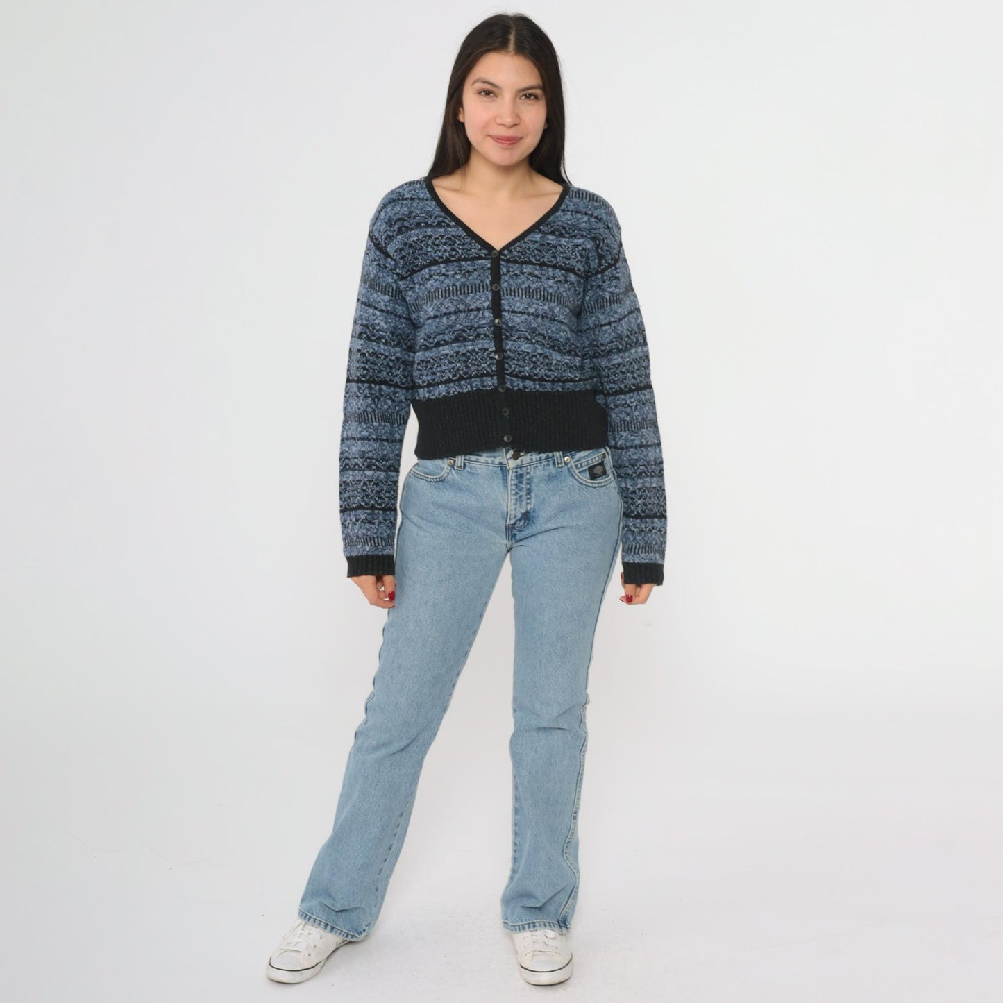 90s Lizwear Petite Blue Black Striped Cardigan V Neck Cotton Knit Small