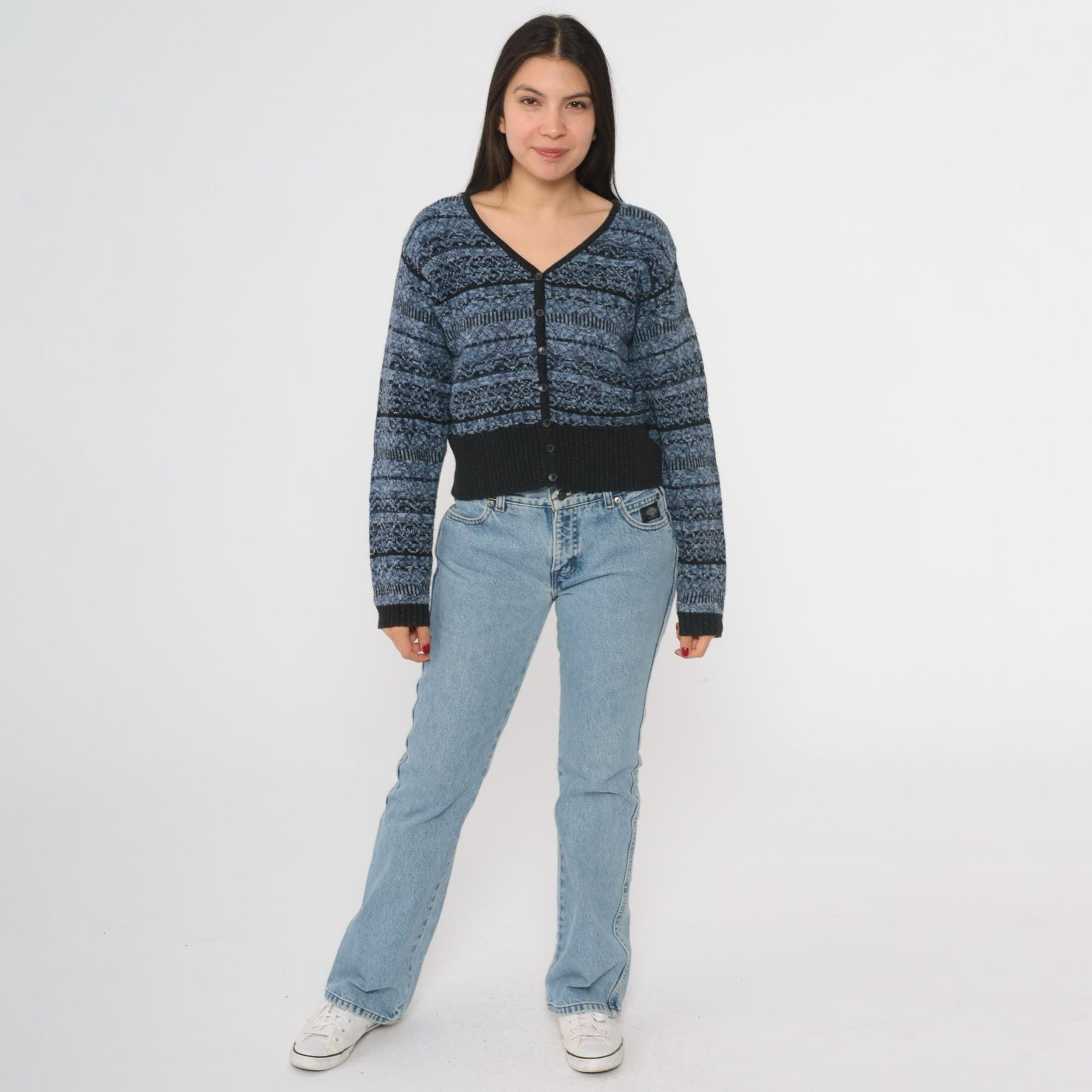 90s Lizwear Petite Blue Black Striped Cardigan V Neck Cotton Knit Small