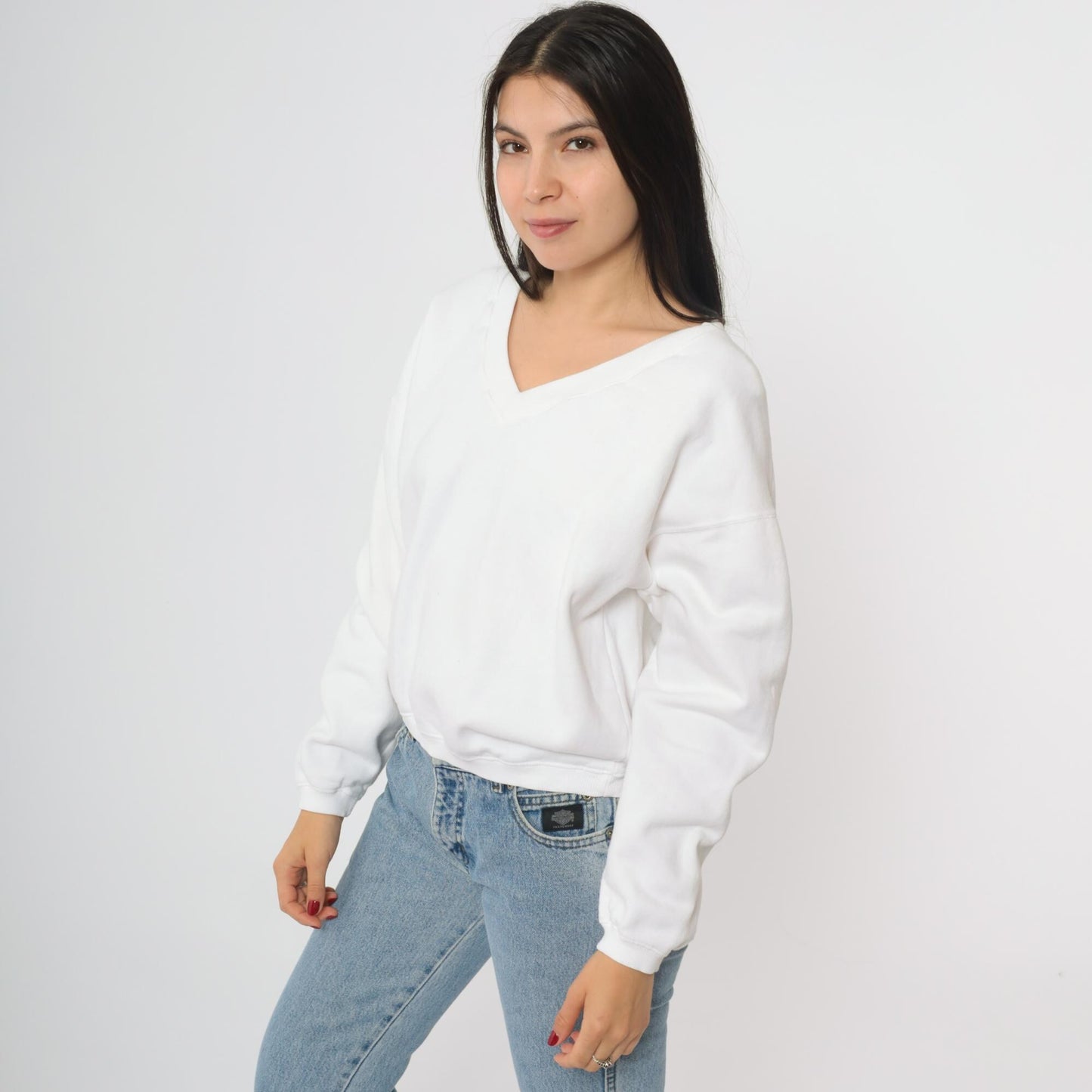 90s White V-Neck Sweatshirt Cotton Drop Shoulder Pullover One Size