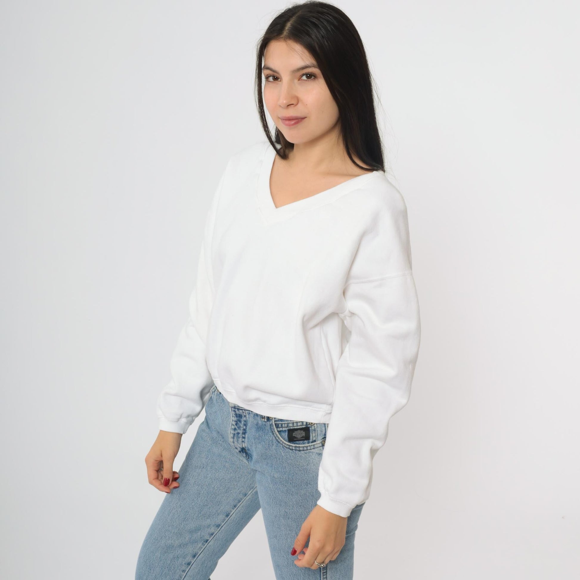 90s White V-Neck Sweatshirt Cotton Drop Shoulder Pullover One Size
