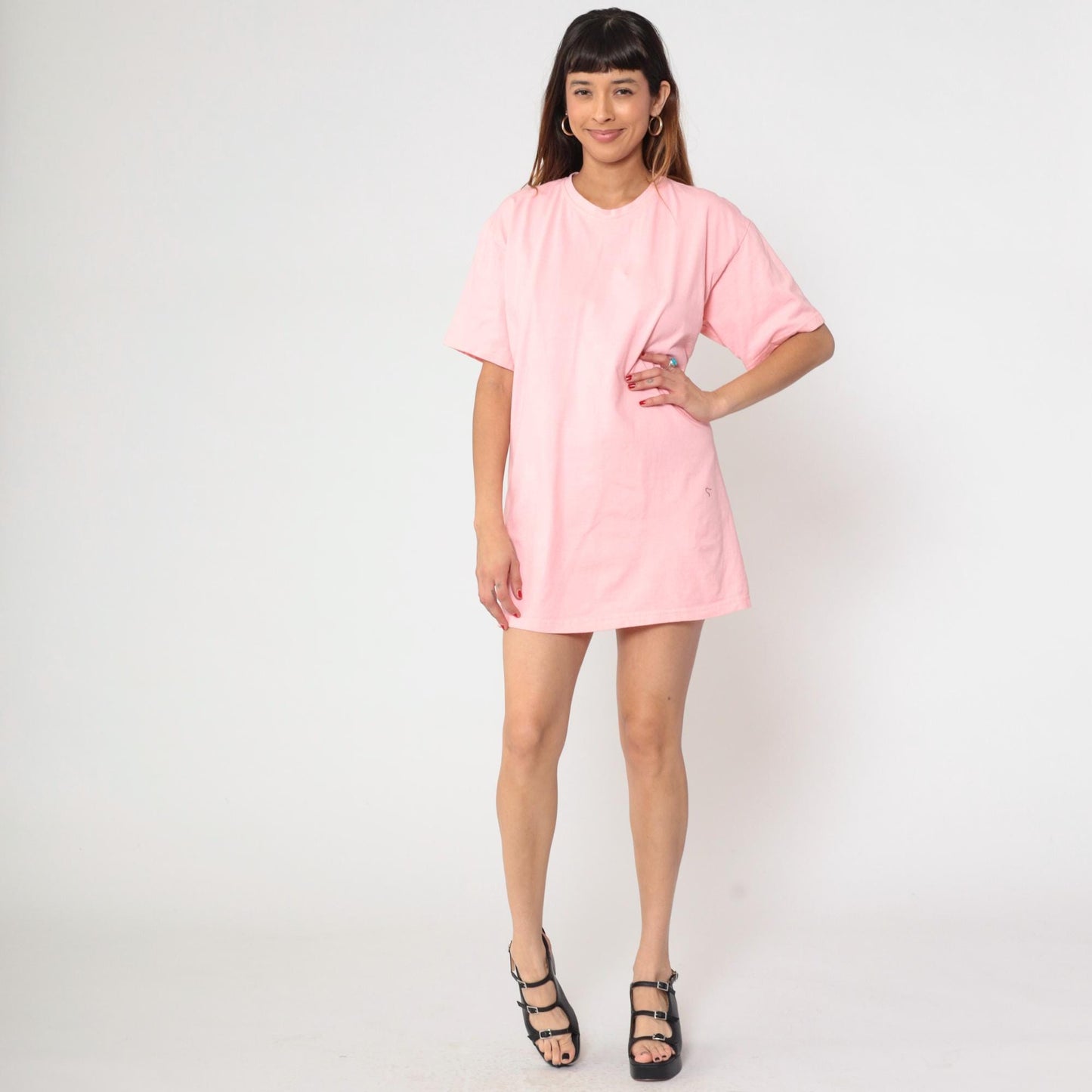 90s Pink Cotton T-Shirt Dress Crew Neck Short Sleeve Mid-Thigh One Size