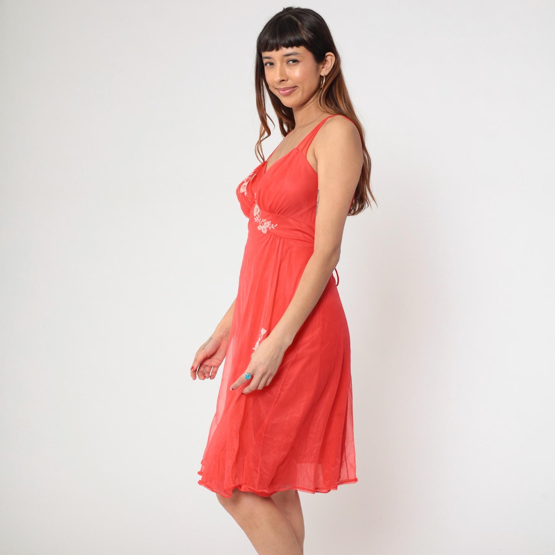 70s Red Nylon Lingerie Slip Dress Floral Embroidered Empire Waist Midi Medium