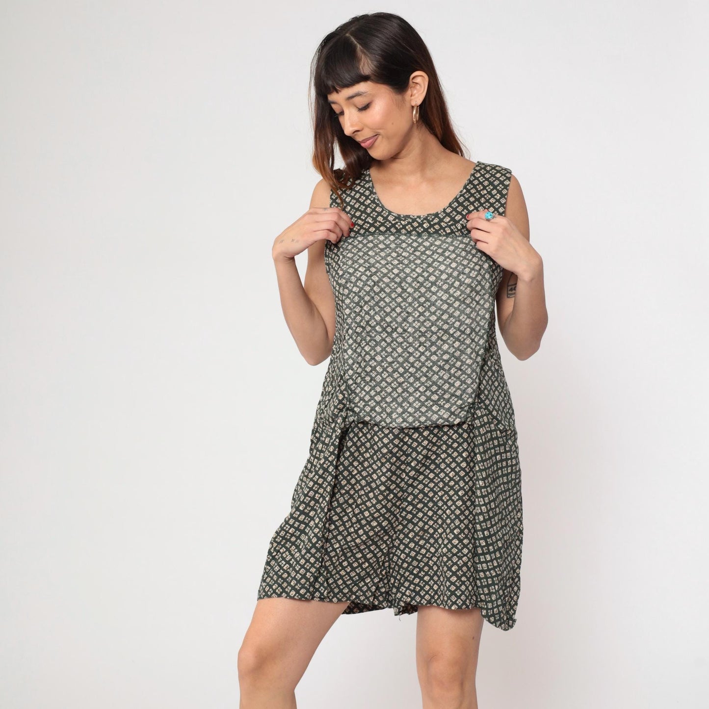 90s Liberty Geometric Mini Romper Forest Green Cream Sleeveless Small