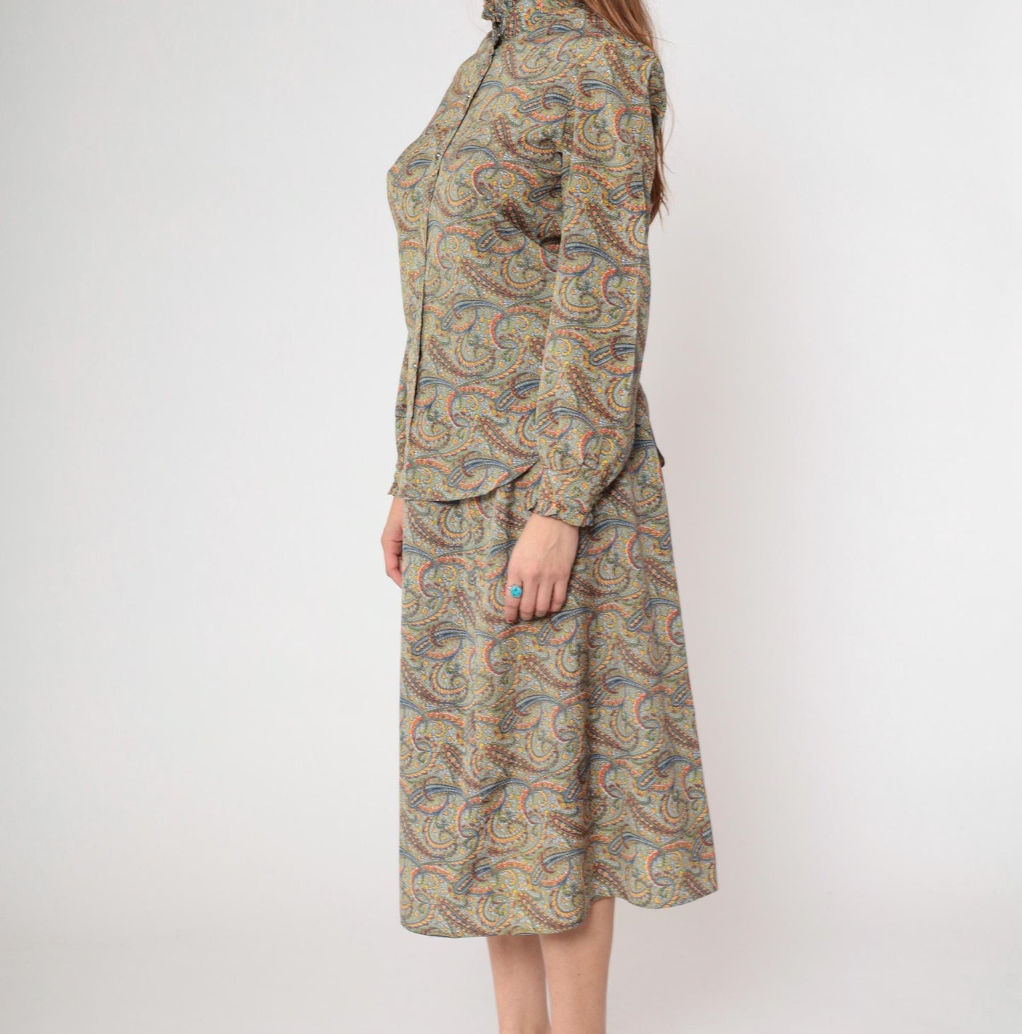70s The Villager Paisley Two Piece Set Sage Green Blouse Midi Skirt Small