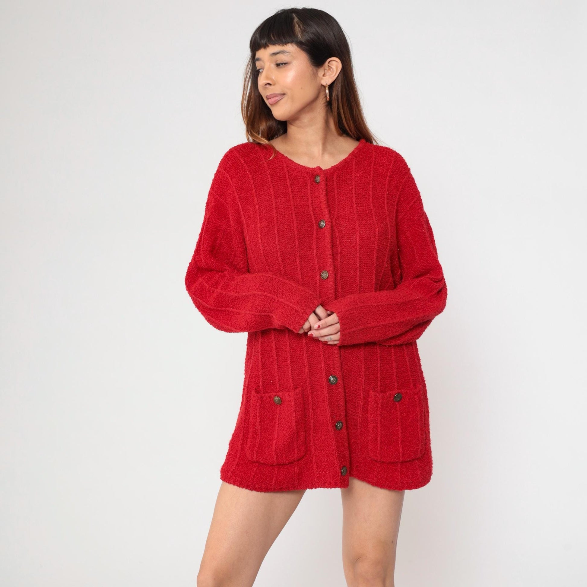 80s Fabriano Red Cardigan Sweater Chunky Knit Button Front Medium M