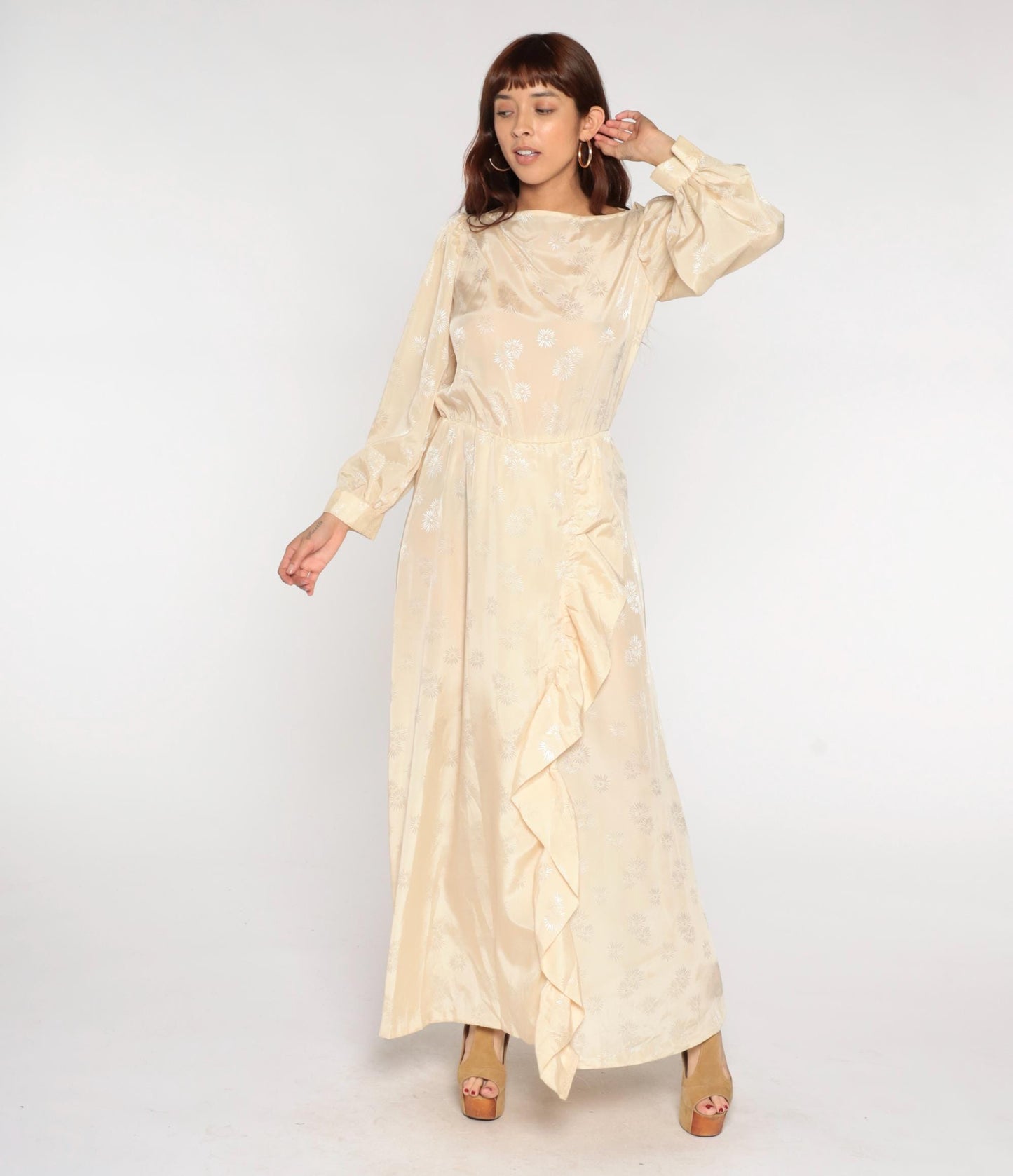 70s Cream Satin Maxi Dress Embroidered Ruffle Slit Bishop Sleeves Small