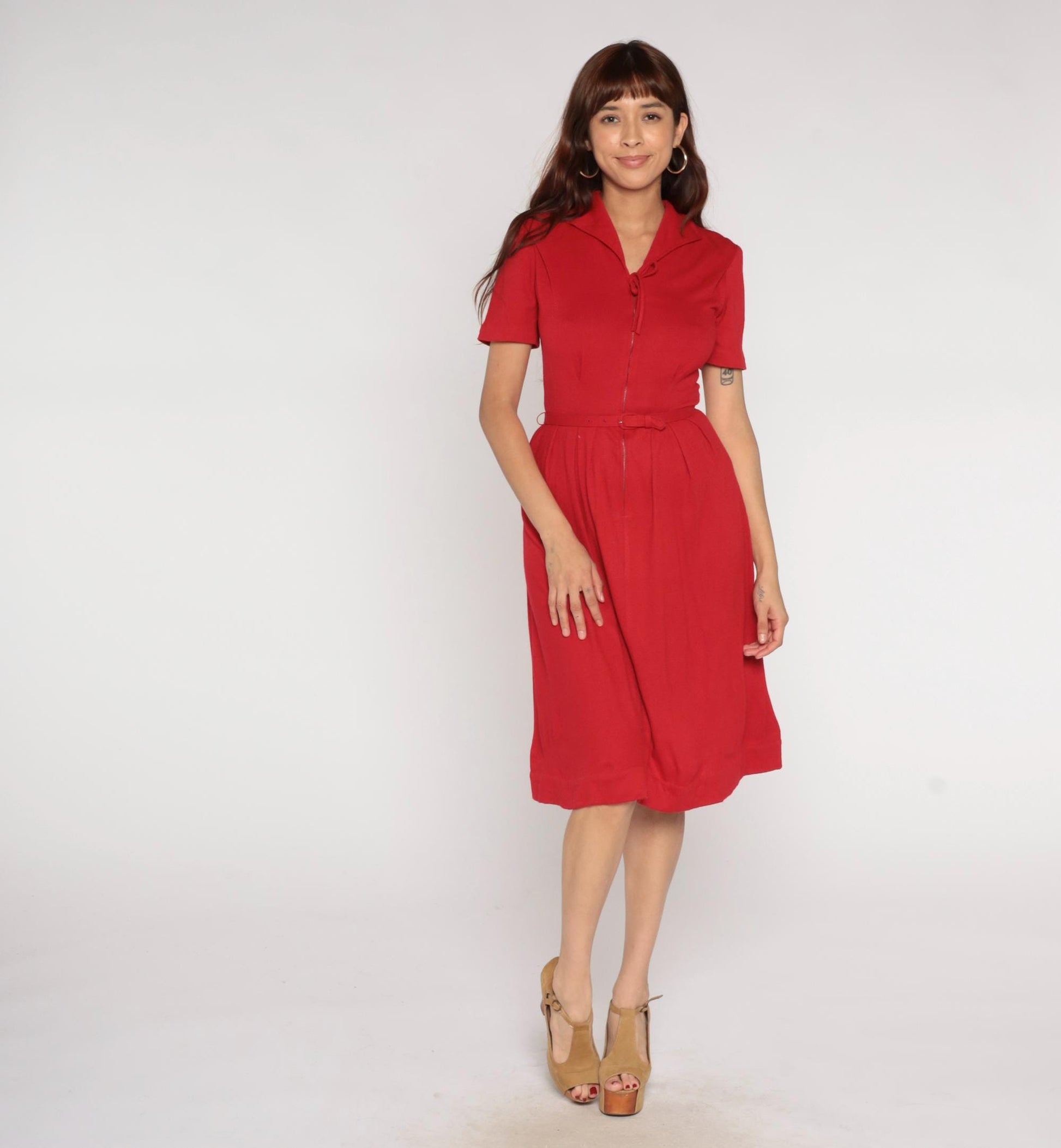 60s Toni Hunt Cherry Red Wool Blend Dress Notch Collar Belted Small