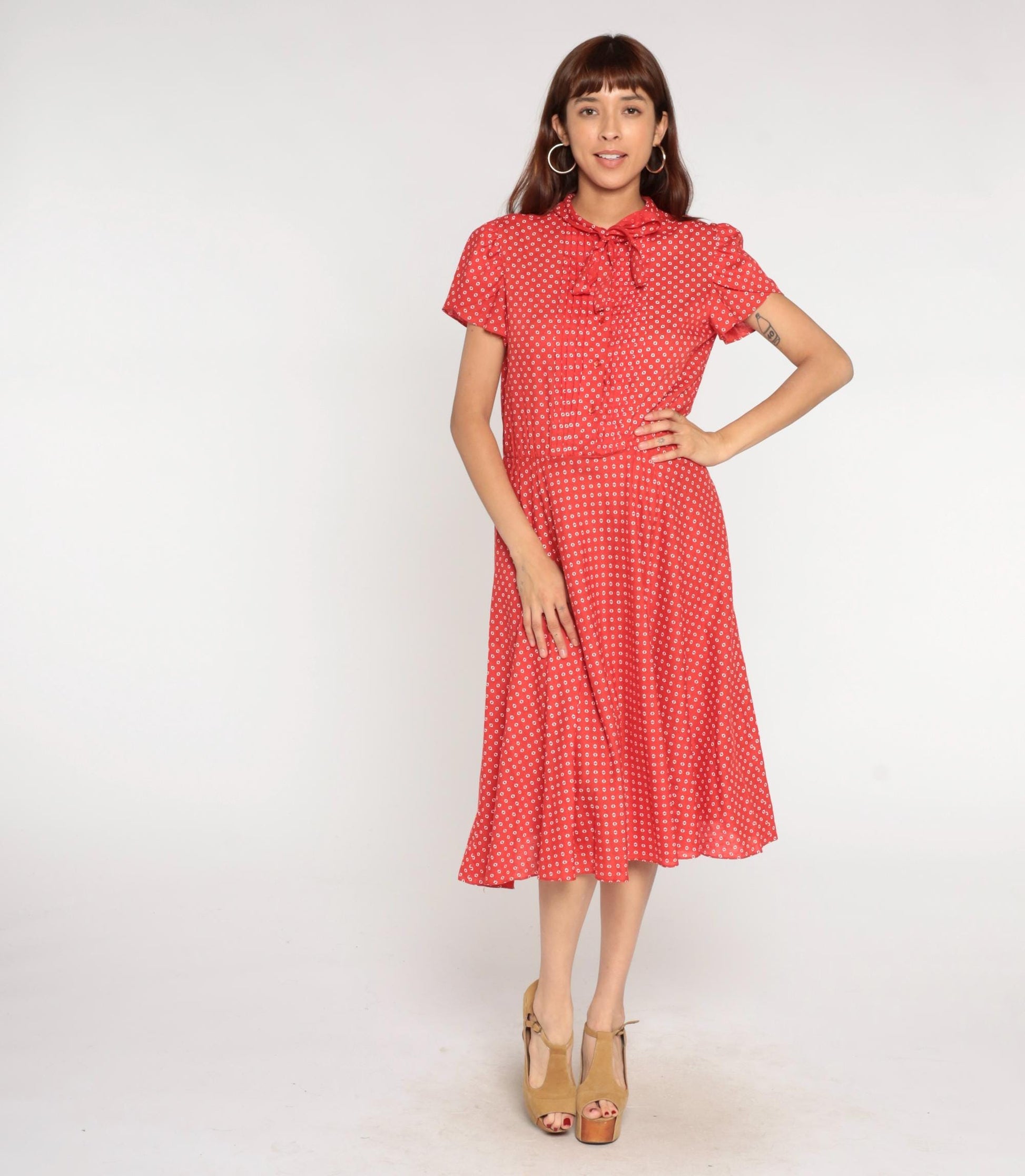 1970s Robbie Bee Red Geometric Diamond Print Midi Dress Bow Tie Medium