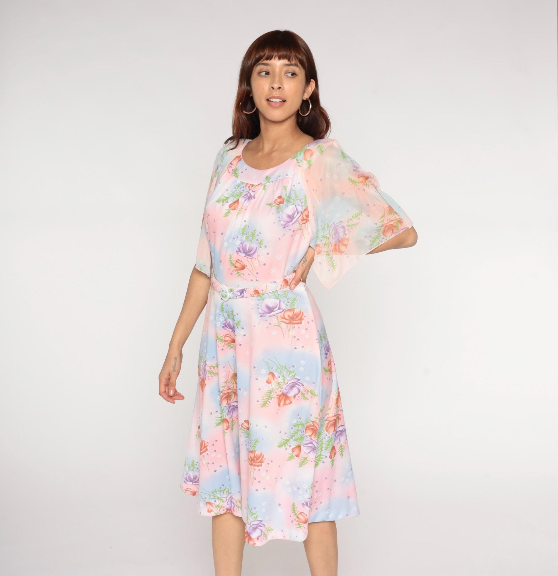 70s Lane Bryant Floral Midi Dress Pink Blue Rose Print Peter Pan Collar Large