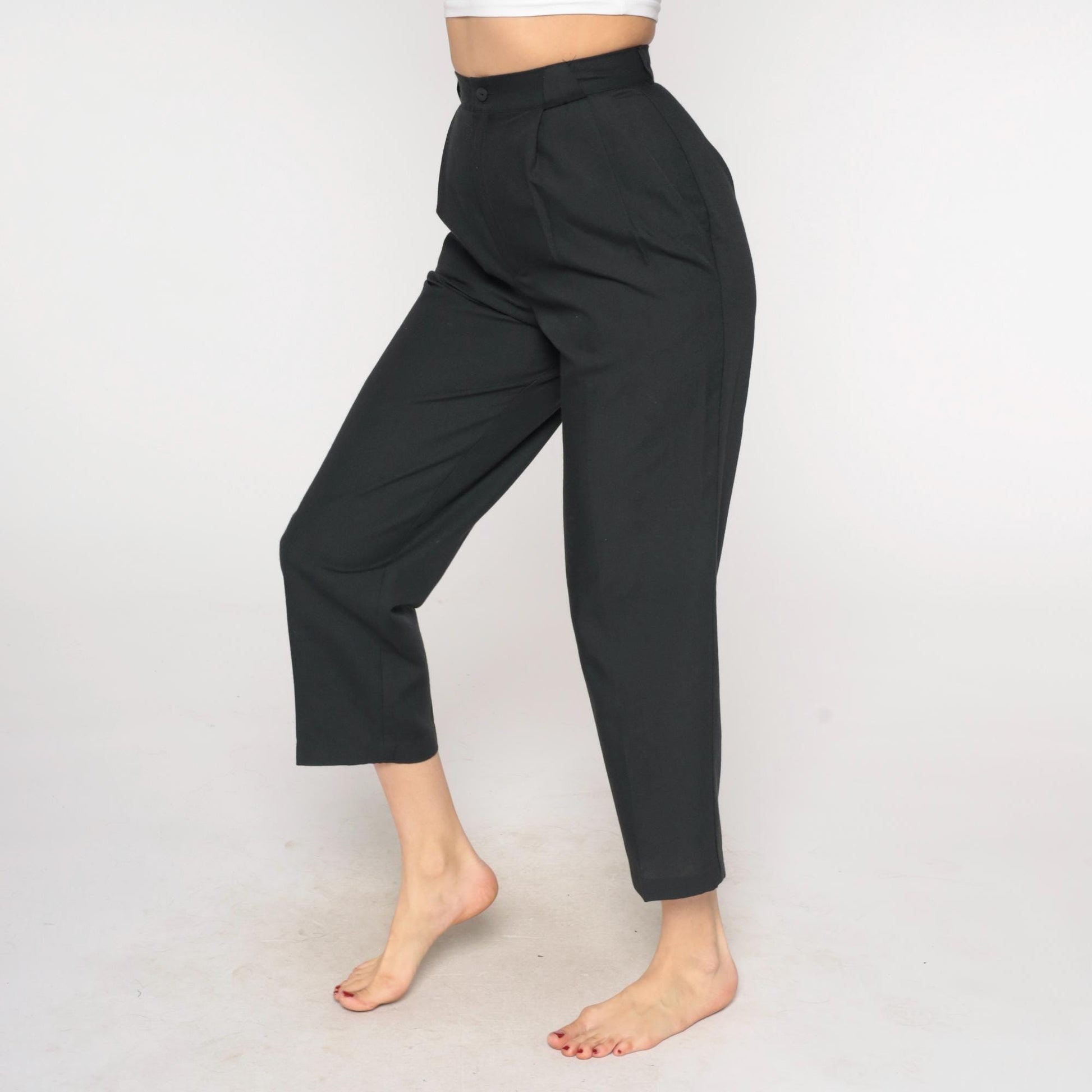 80s Black Pleated High-Waist Tapered Trousers Cropped Leg Small