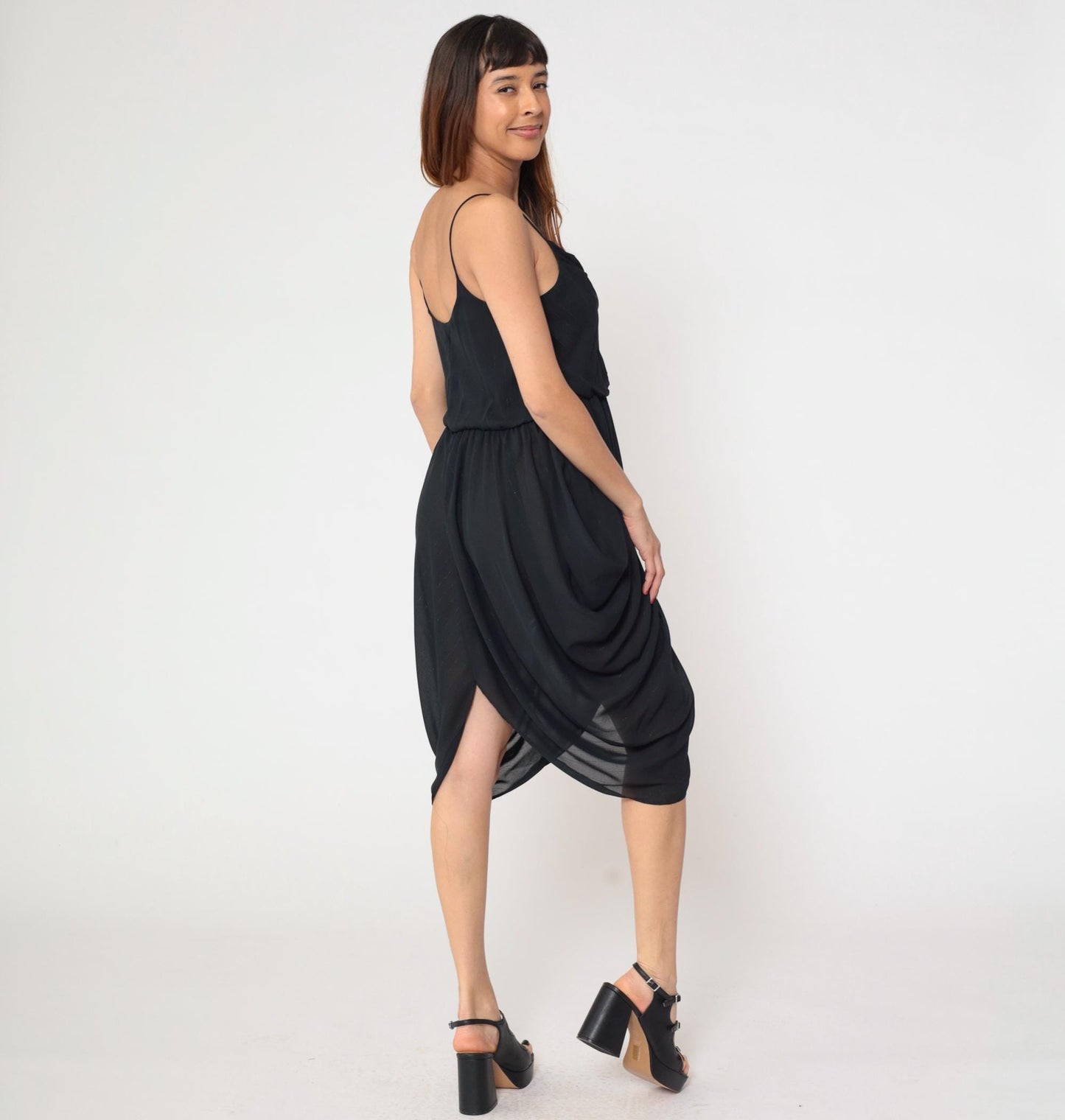 80s Entourage Black Cowl Neck Midi Dress Spaghetti Strap Handkerchief Hem Small