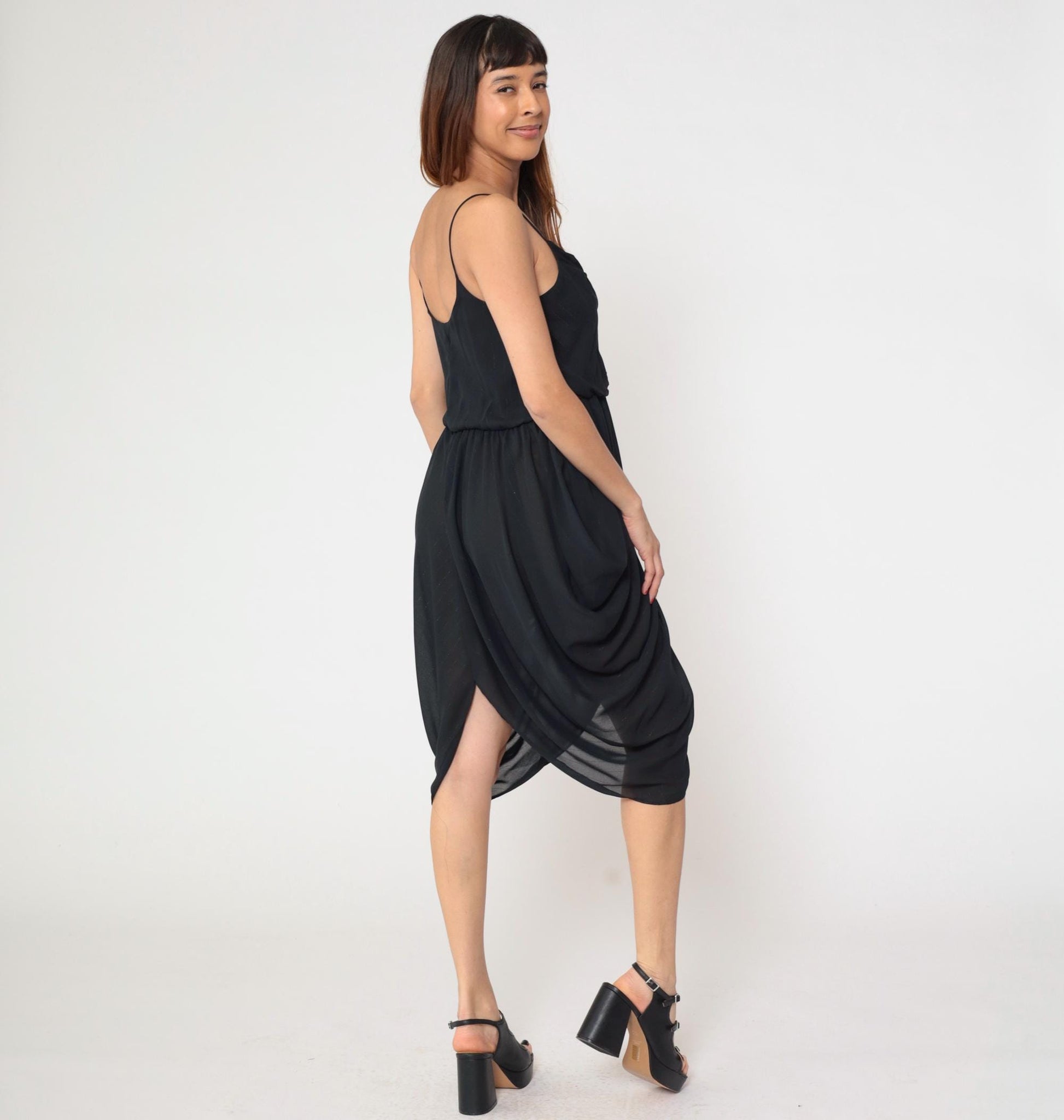 80s Entourage Black Cowl Neck Midi Dress Spaghetti Strap Handkerchief Hem Small