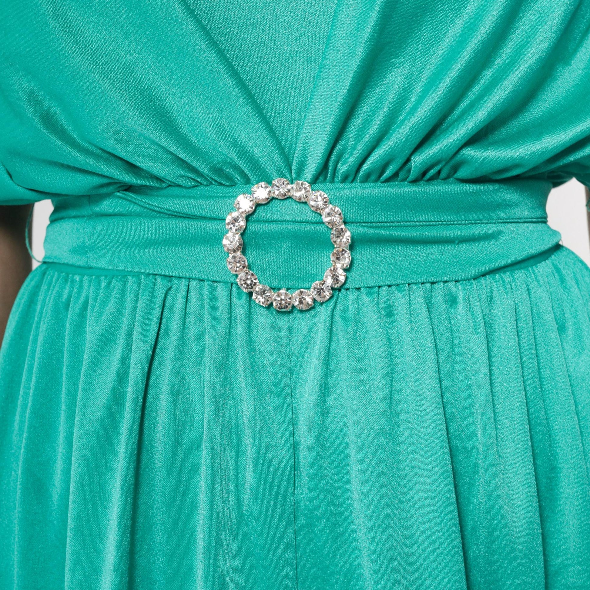 70s Mary Martin Teal Maxi Dress Rhinestone Buckle Square Neck Draped Slit Medium M