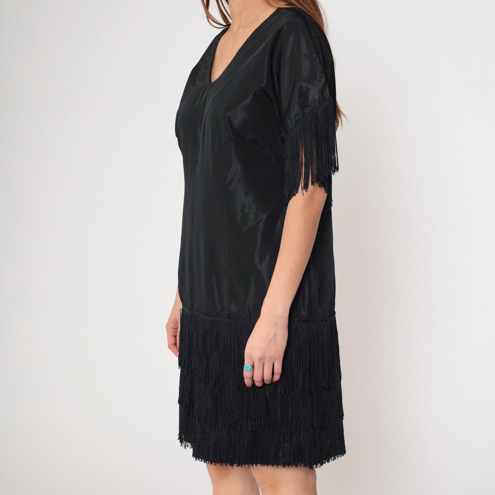70s Black Fringe Mini Shift Dress V-Neck Tassel Sleeve Cocktail Medium M