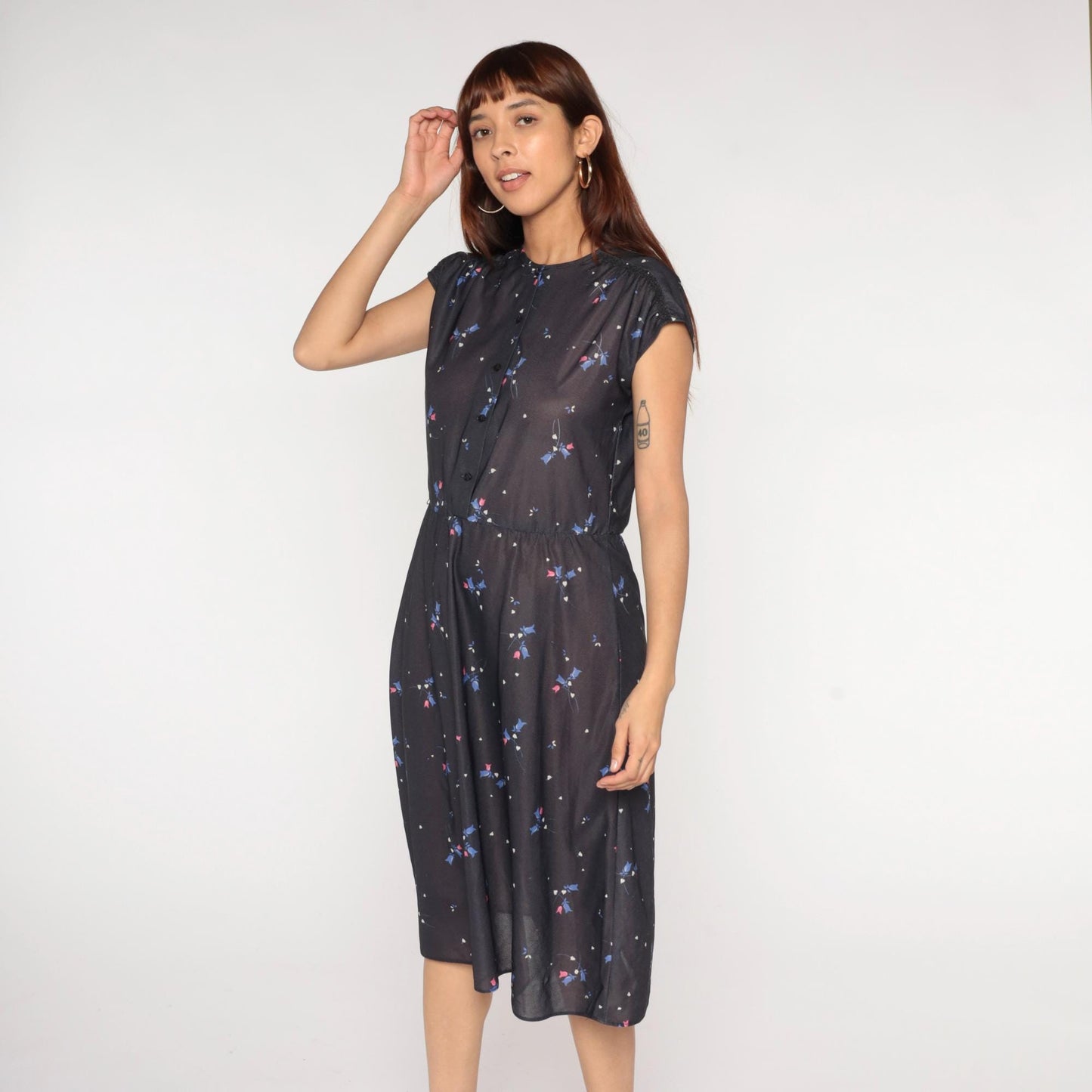 70s Grissom Lane Floral Midi Dress Black Button-Front Empire Waist Large