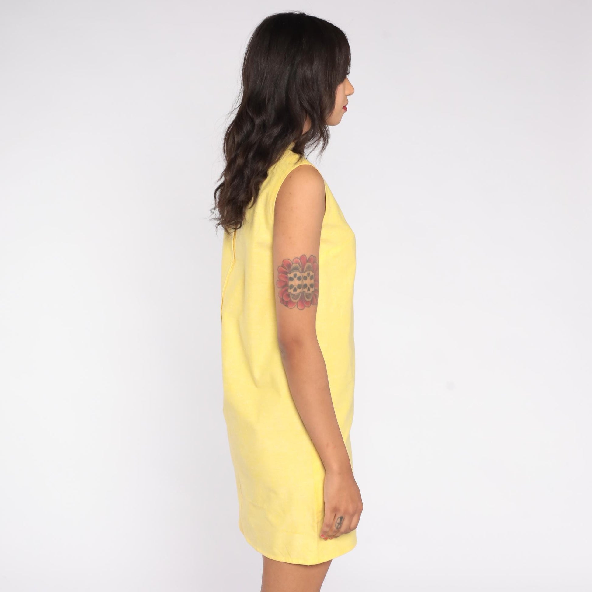 60s Yellow Mini Shift Dress Mod Sleeveless Crew Neckline Small S