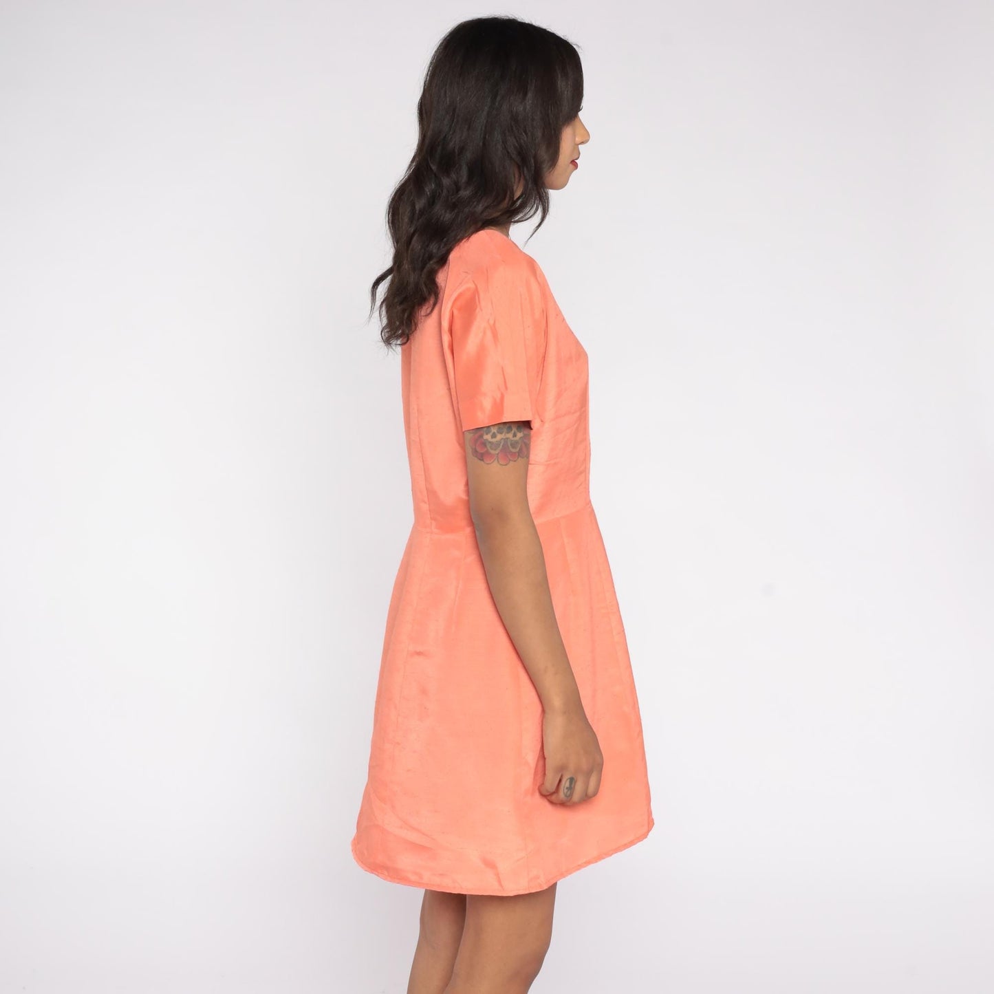 50s Coral Peach Boat Neck Midi A-Line Dress Short Sleeve Medium M