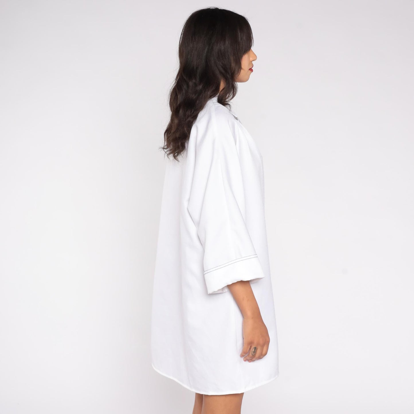 70s Mendel of Dallas White Shirt Dress Black Contrast Stitching Three Quarter Sleeve Extra Large XXL