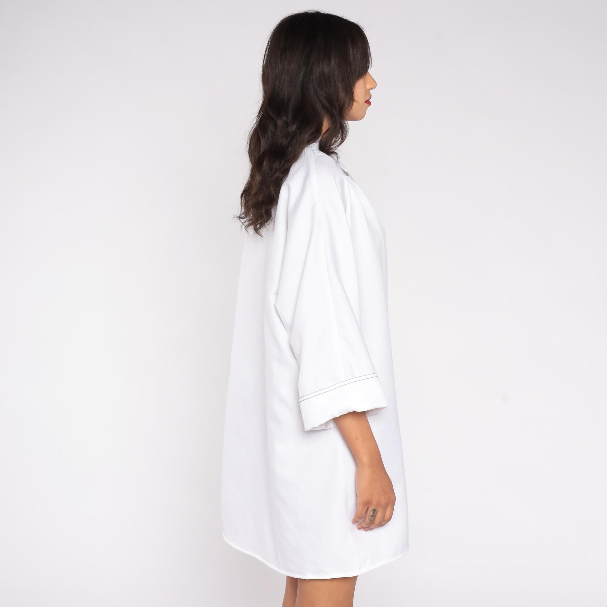 70s Mendel of Dallas White Shirt Dress Black Contrast Stitching Three Quarter Sleeve Extra Large XXL