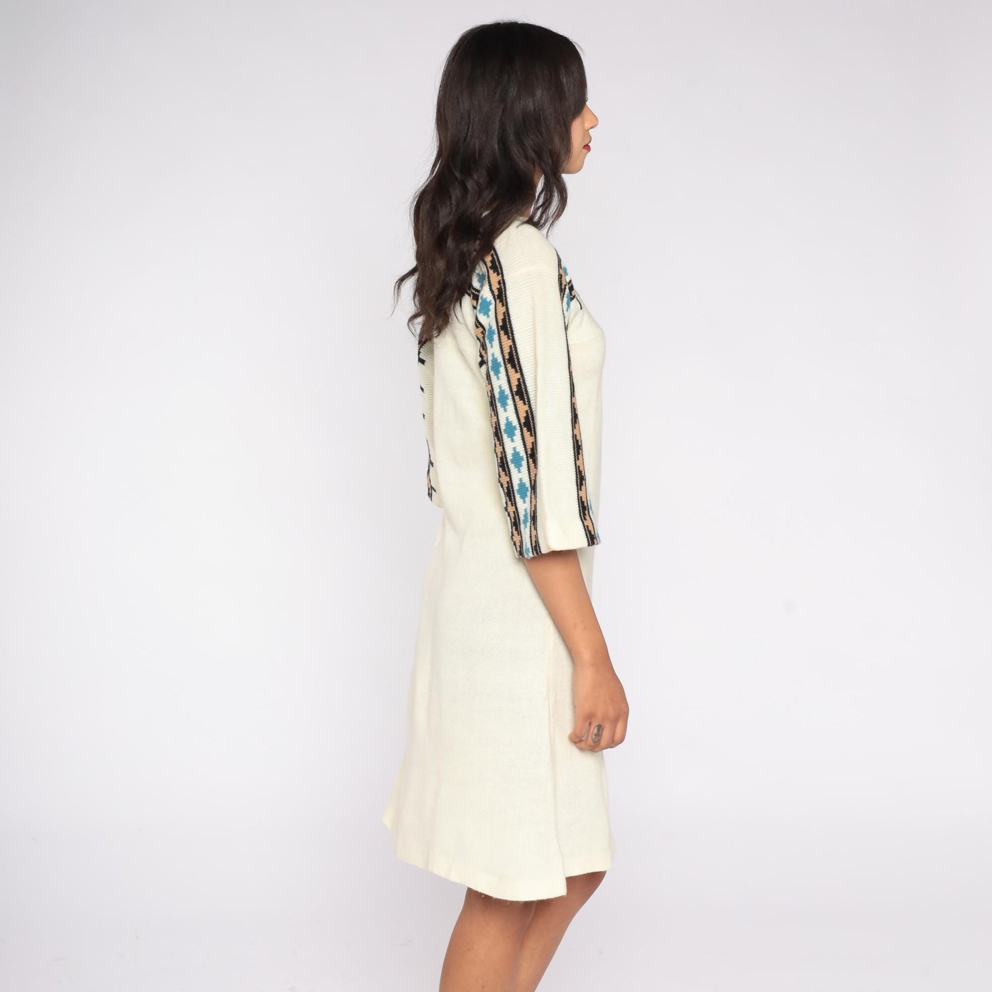 70s Cream Knit Sweater Dress Geometric Yoke Midi Flared Sleeve Small