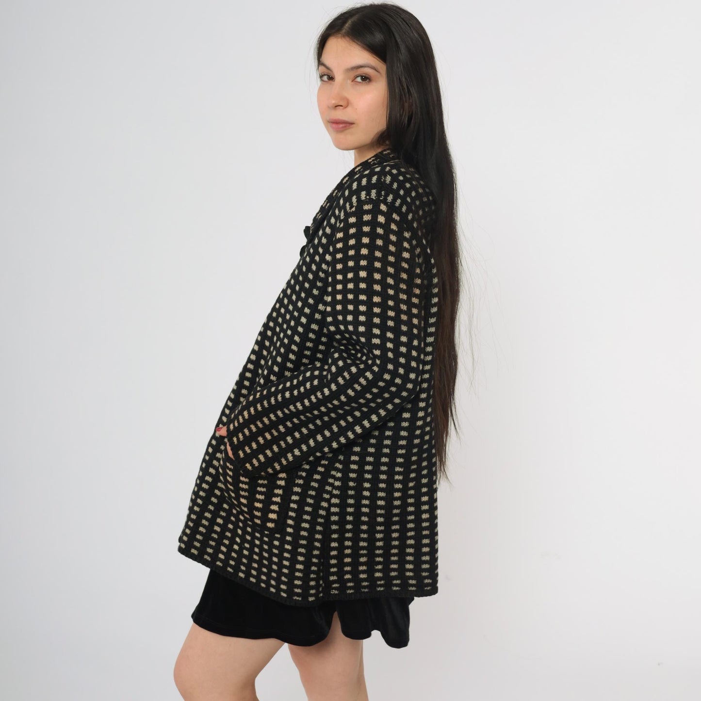 80s Black Cream Check Wool Sweater Coat Collared Cardigan Large L