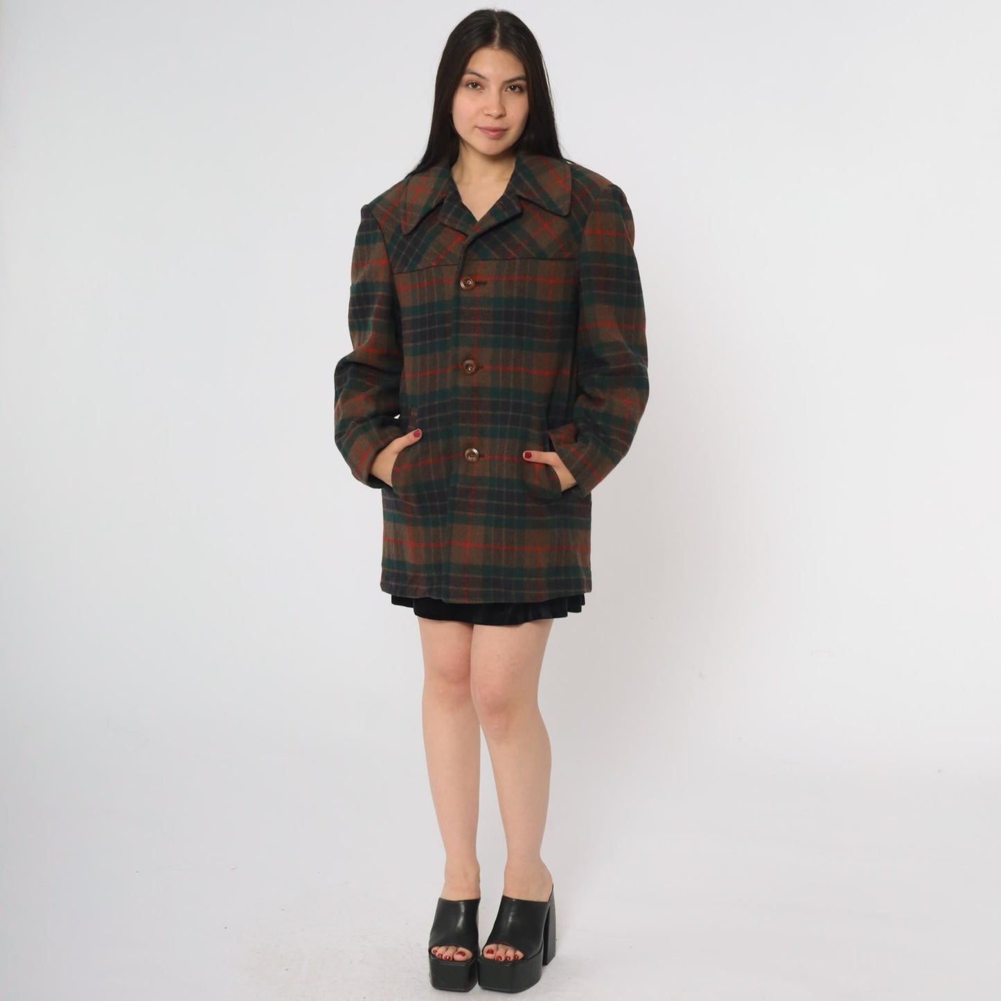 70s Pendleton Wool Coat Brown Green Red Plaid Button Front Medium M