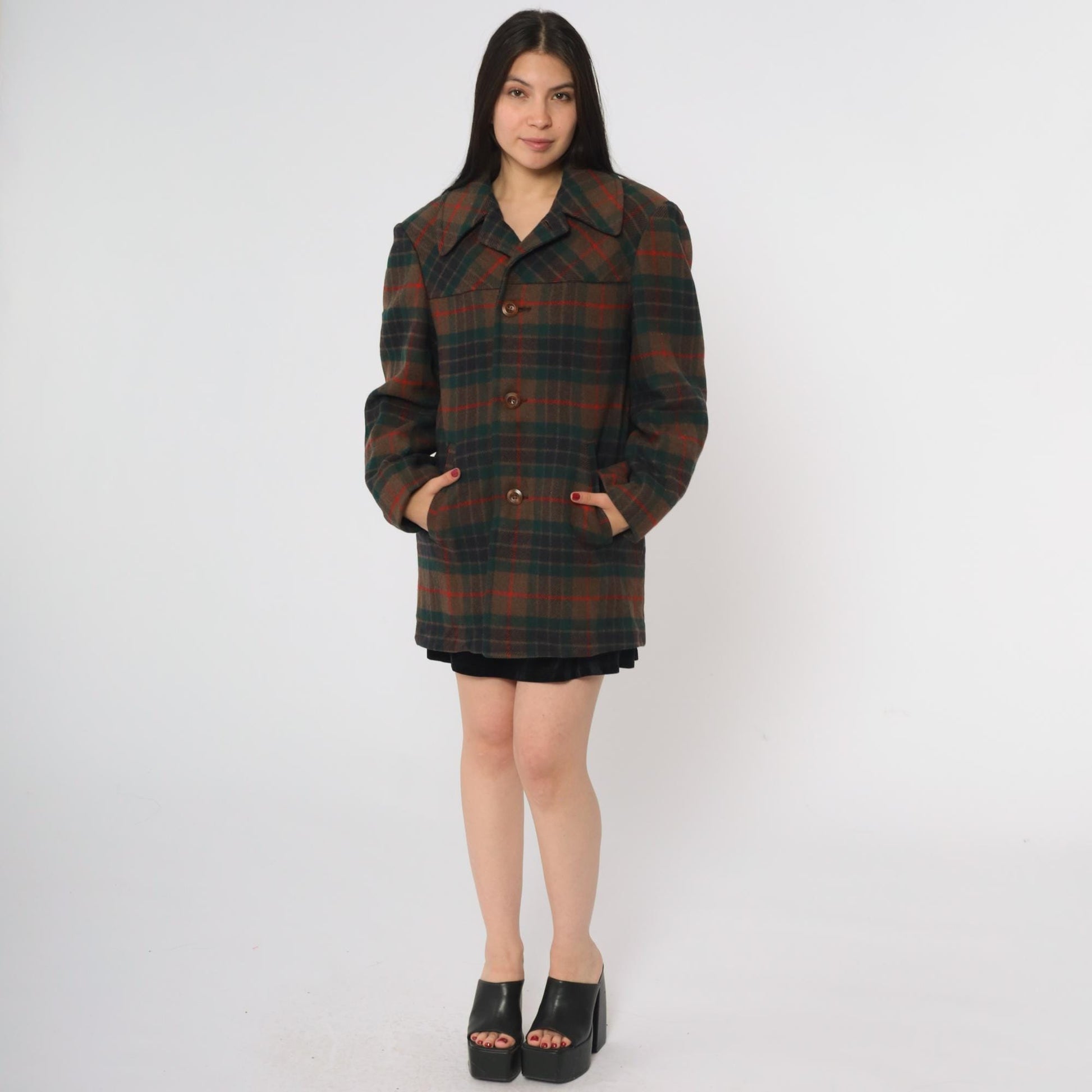 70s Pendleton Wool Coat Brown Green Red Plaid Button Front Medium M