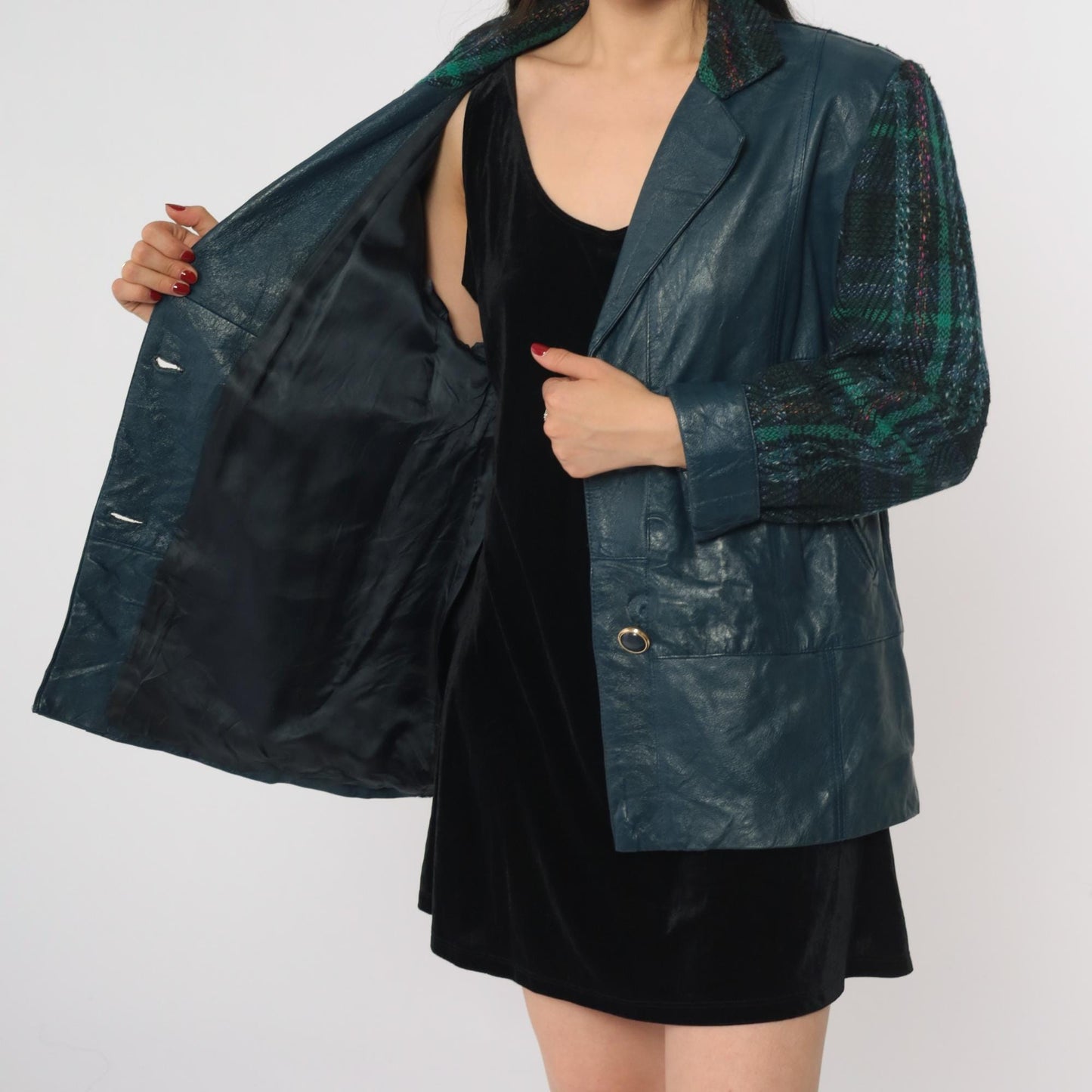 80s Blue Vinyl Plaid Wool Blazer Green Tartan Mixed Material Medium