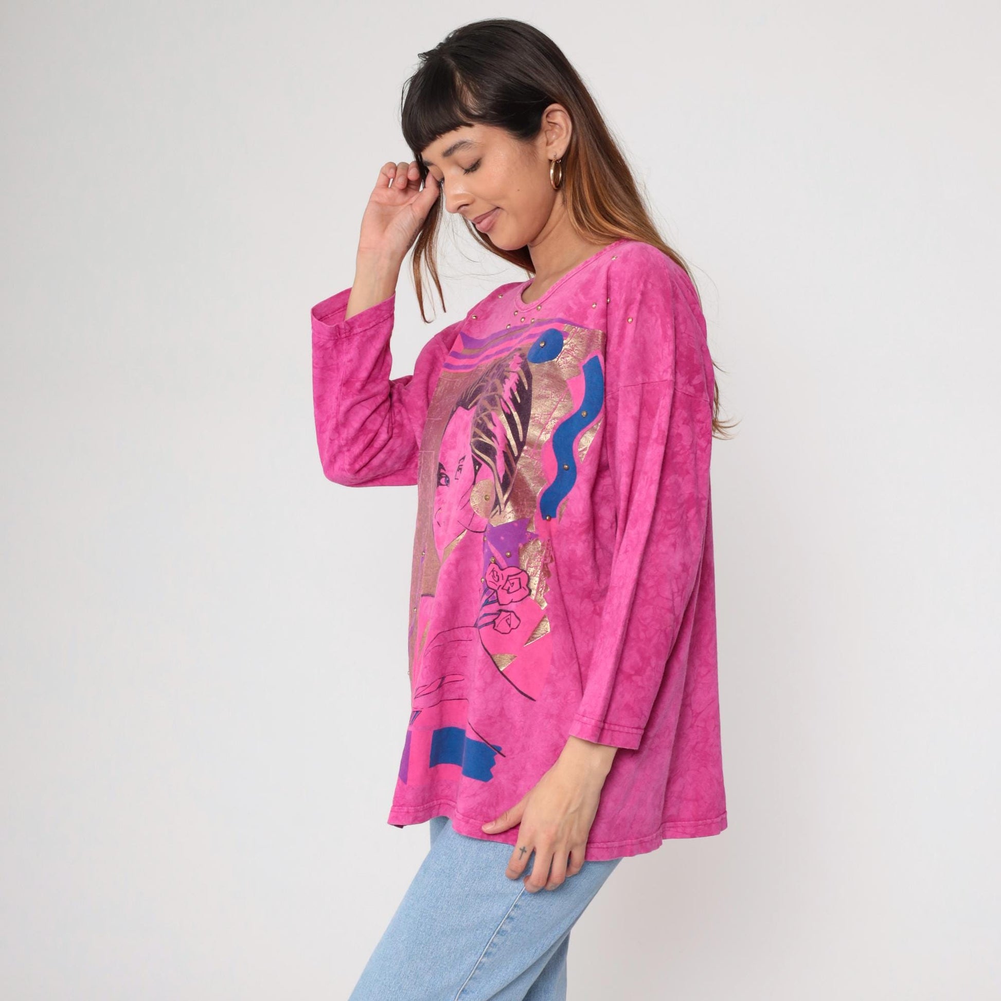 00s Artistic Portrait Graphic Tee Hot Pink Gold Metallic 3/4 Sleeve Medium Large