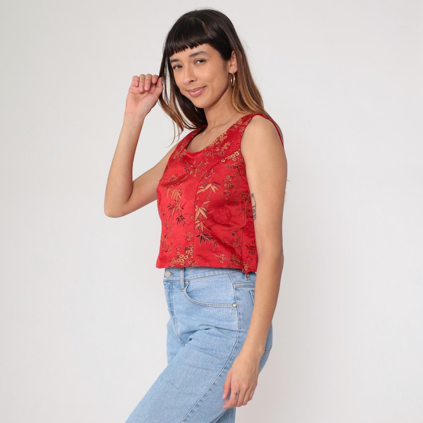 00s Red Satin Crop Top Cherry Blossom Bamboo Print Scoop Neck Small
