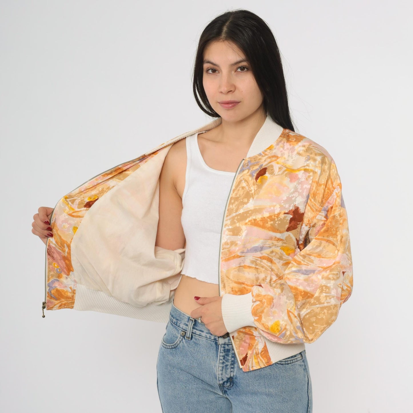 90s Hanasport Watercolor Bomber Jacket Abstract Print Peach Medium M