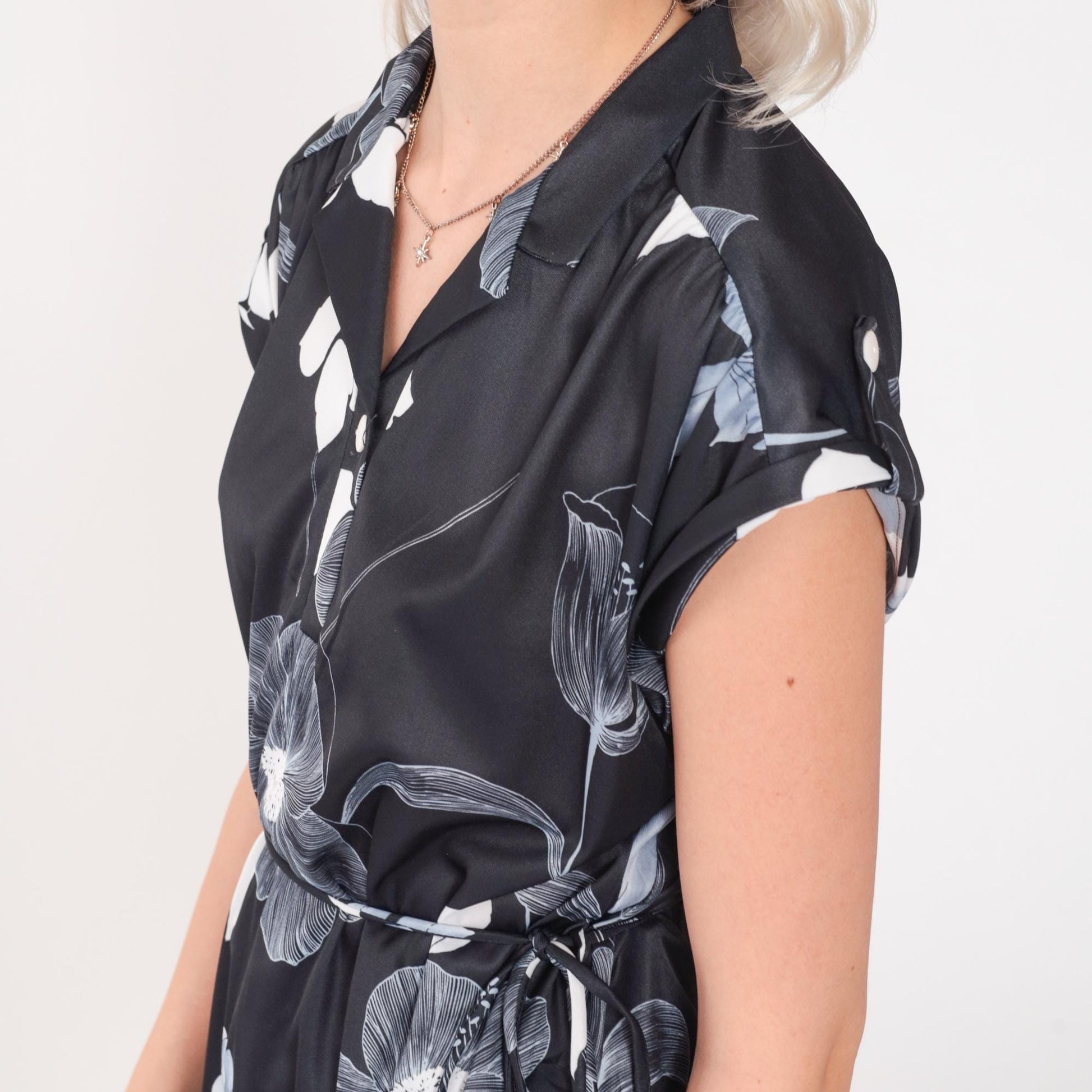 80s Black Floral Satin Blouse V-Neck Tie Waist Button Down Medium