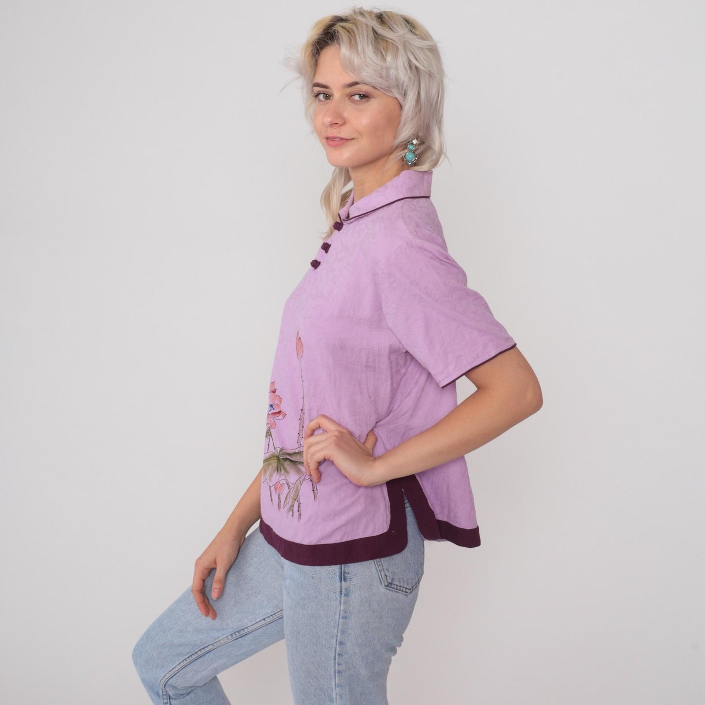 Y2K Lotus Flower Silk Henley Top Lavender Purple Piping Short Sleeve Large L