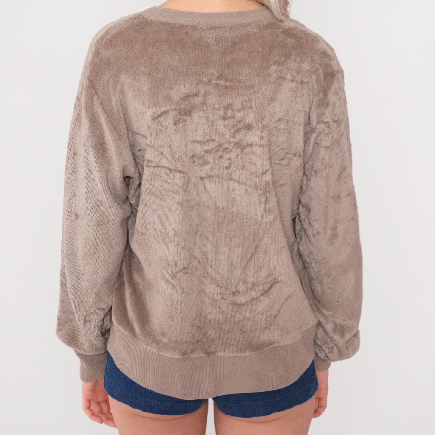 80s Taupe Terry Cloth V-Neck Sweatshirt Slouchy Drop Shoulder Medium