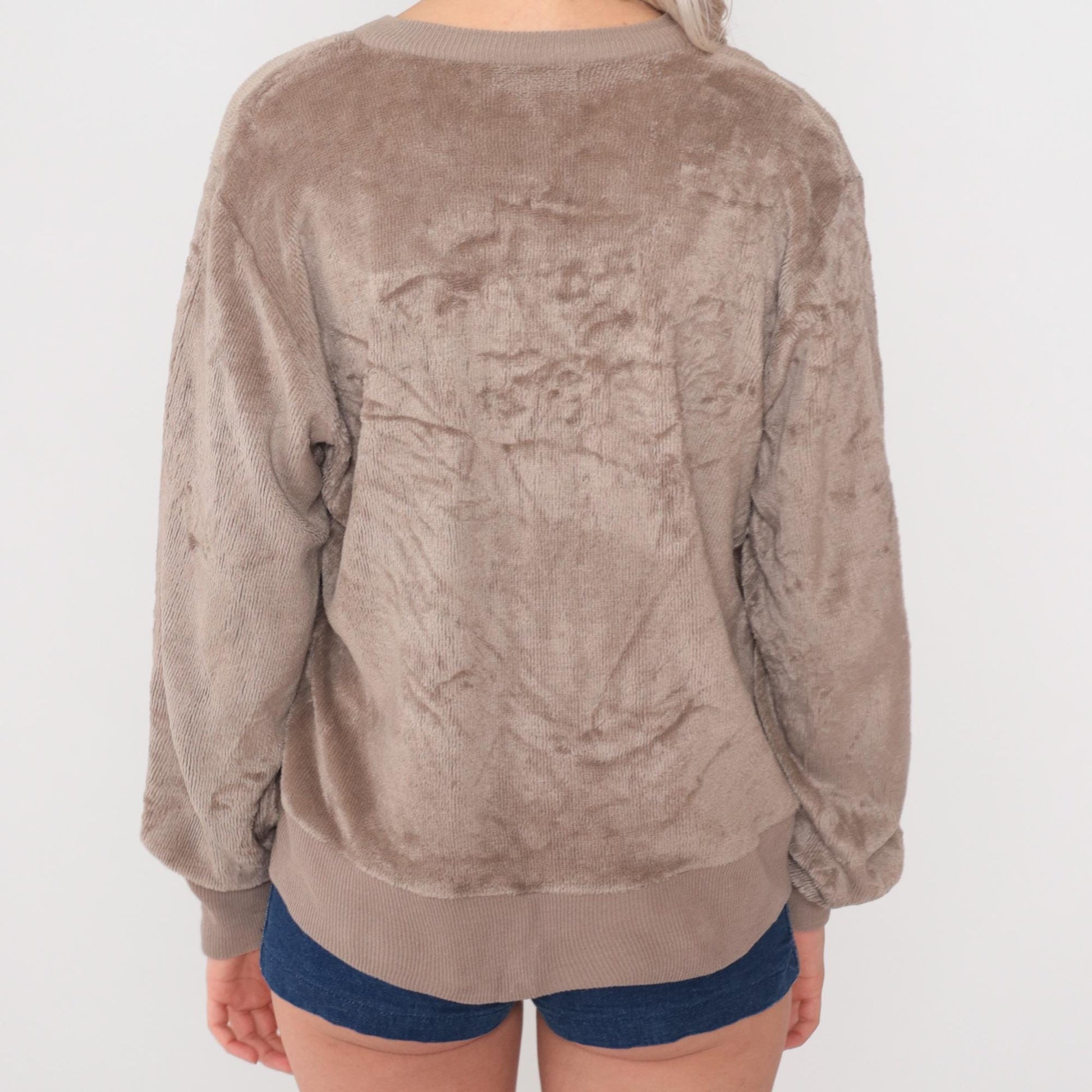 80s Taupe Terry Cloth V-Neck Sweatshirt Slouchy Drop Shoulder Medium