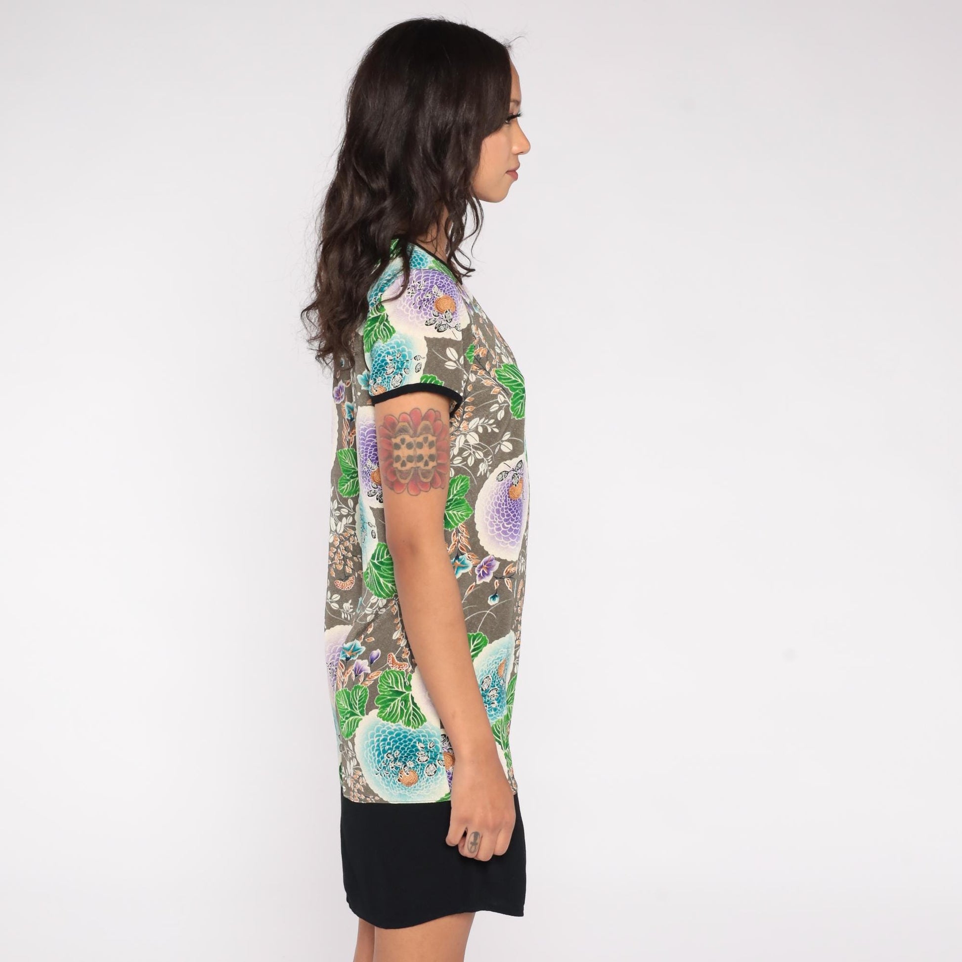 90s Floral Mini Dress Grey Turquoise Lilac Leaf Print Ringer Trim Small S