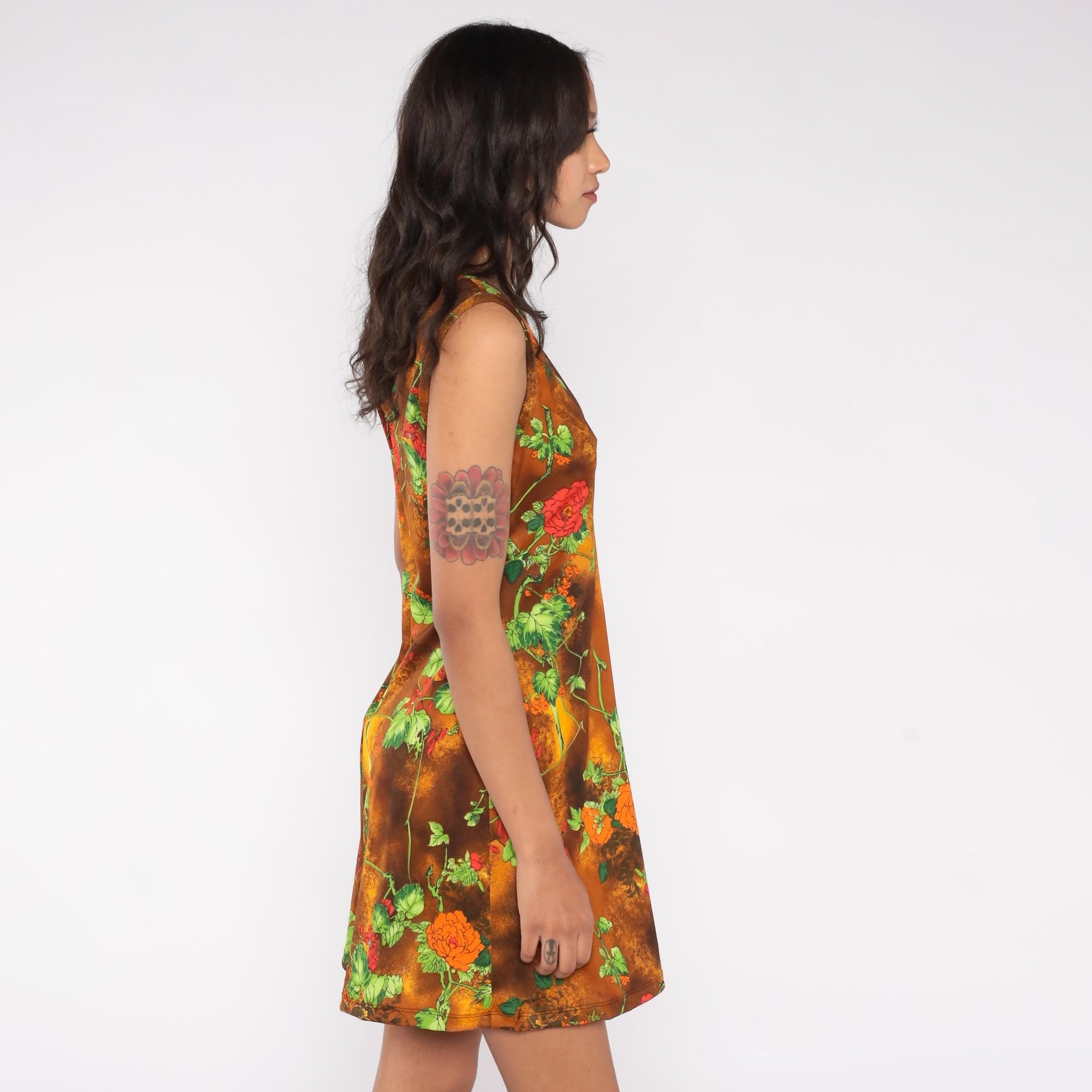70s Floral Mini Dress Burnt Orange Rose Print Shift Sleeveless Medium
