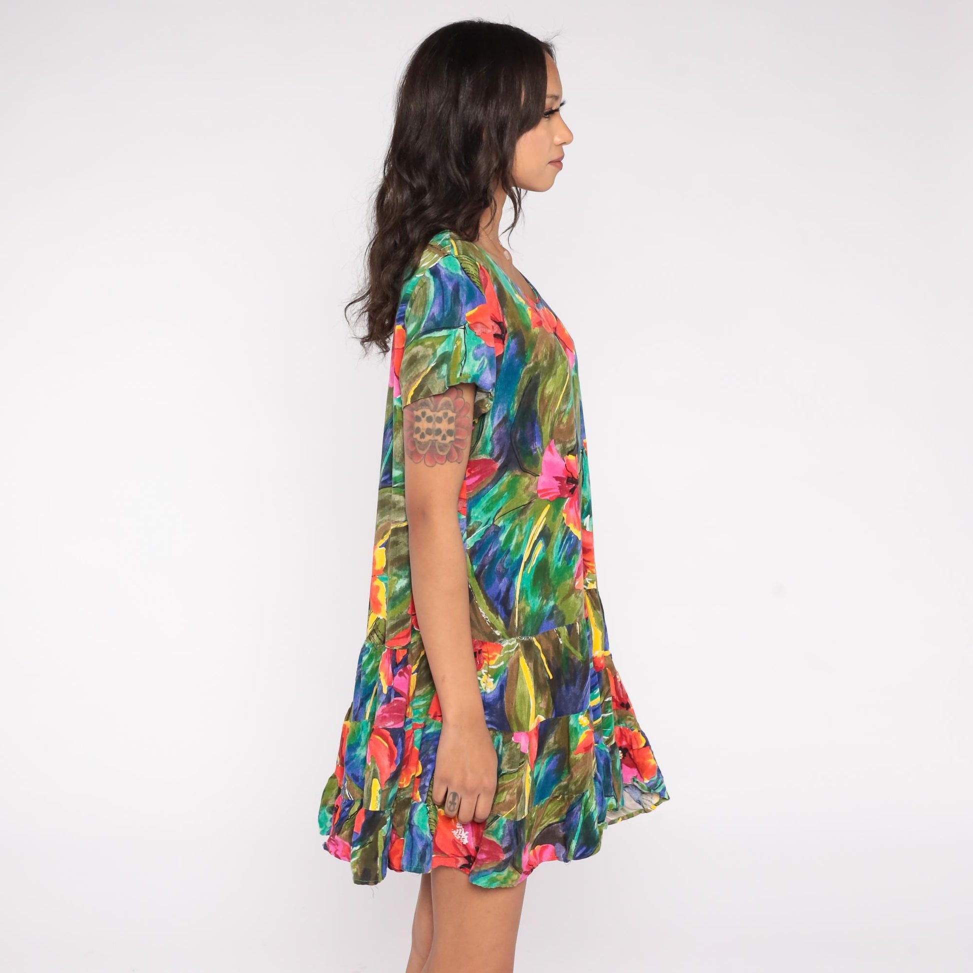 90s Jacqueline Studio Hibiscus Mini Dress Coral Pink Floral Rayon Medium