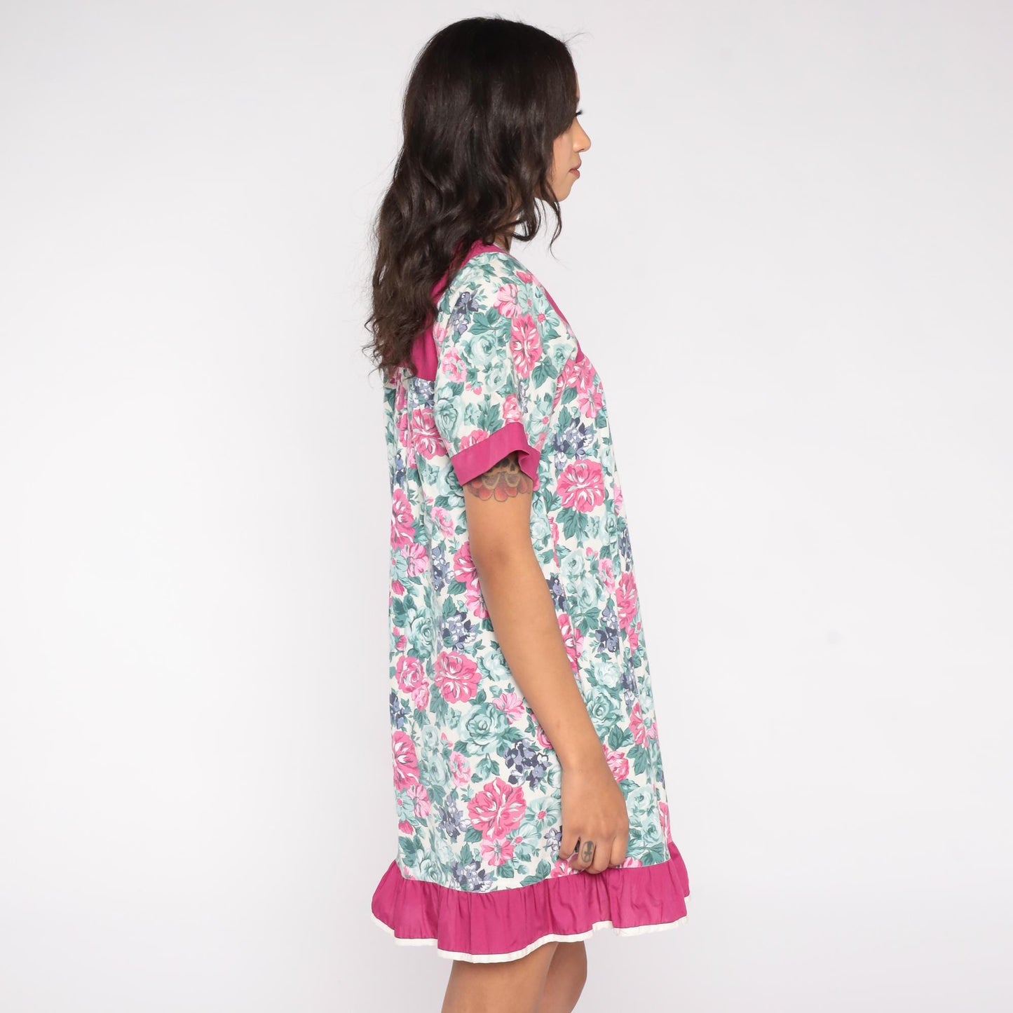 80s Floral Mini Dress Pink Rose Navy Flowers Fuchsia Trim Keyhole Medium