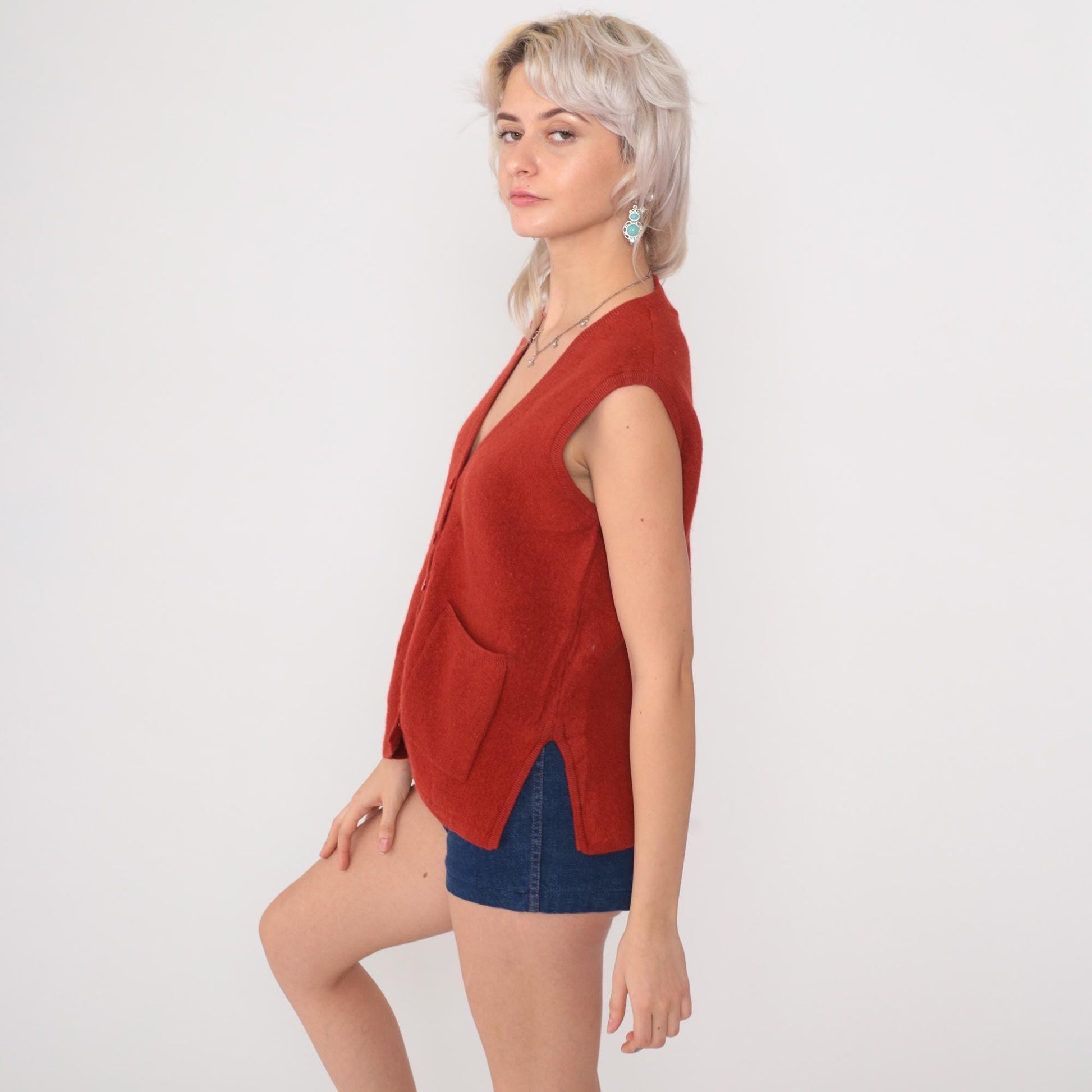 70s Wool Sweater Vest Orange Button Front V-Neck Knit Medium M