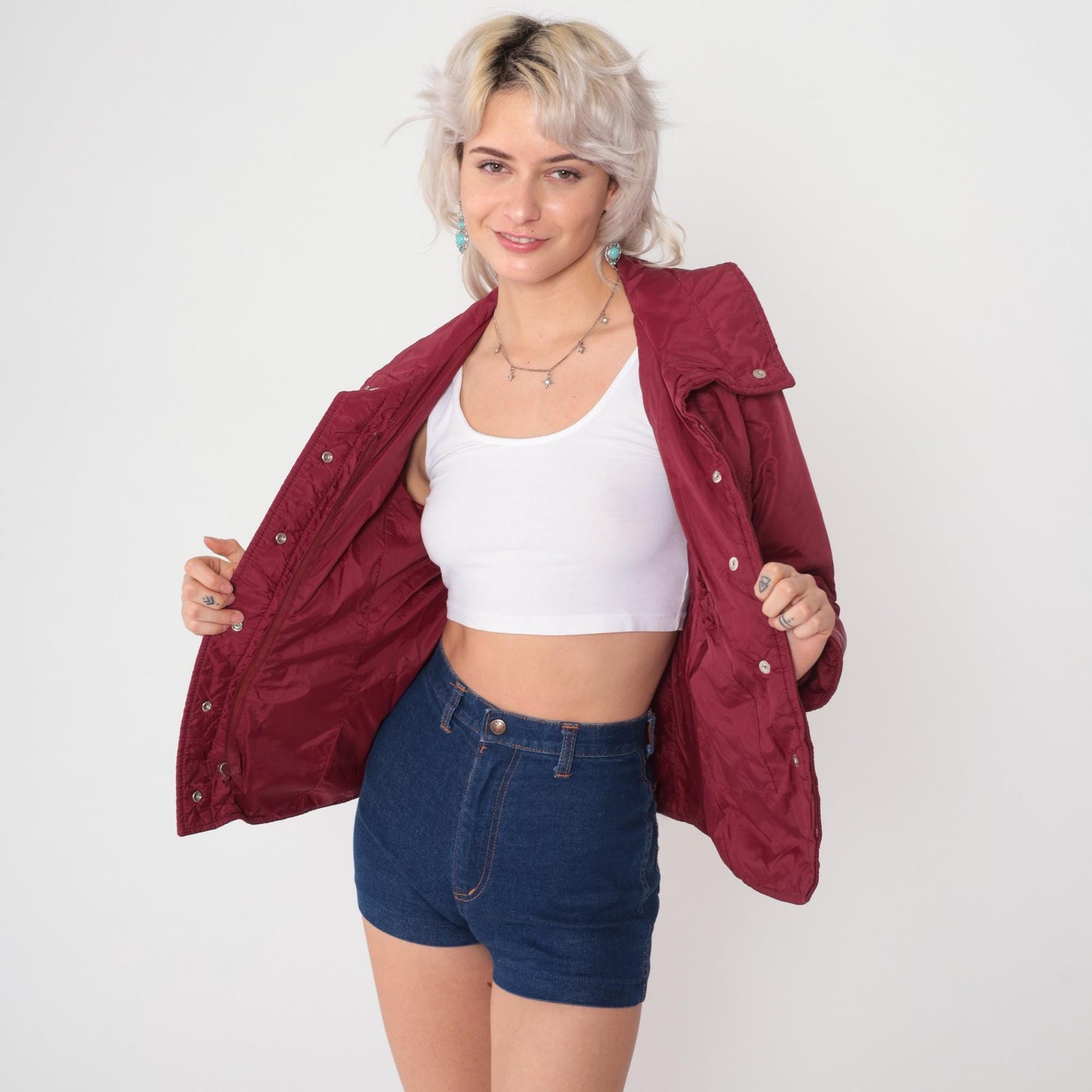 80s Sportscaster Burgundy Nylon Puffer Jacket Snap Front Small