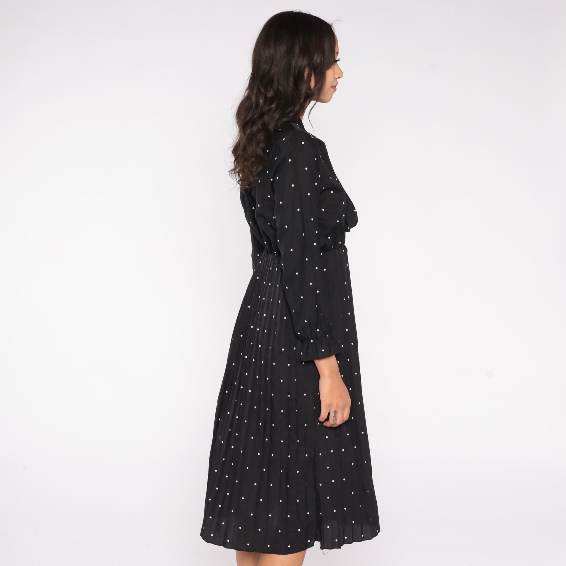 Y2K Black Polka Dot Midi Dress White Dots Pussy Bow Long Sleeve Medium