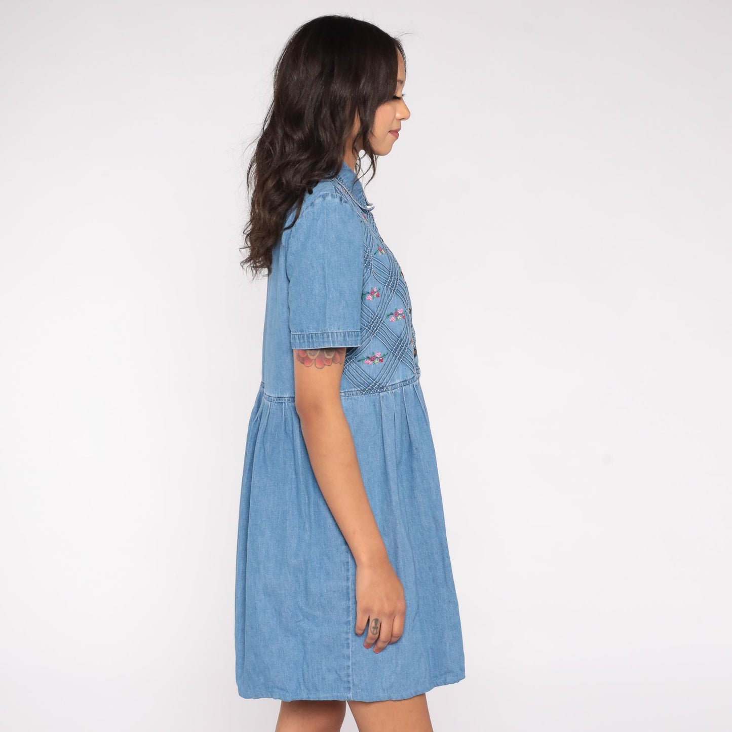 90s Floral Embroidered Denim Mini Dress Blue Collared Short Sleeve Large L