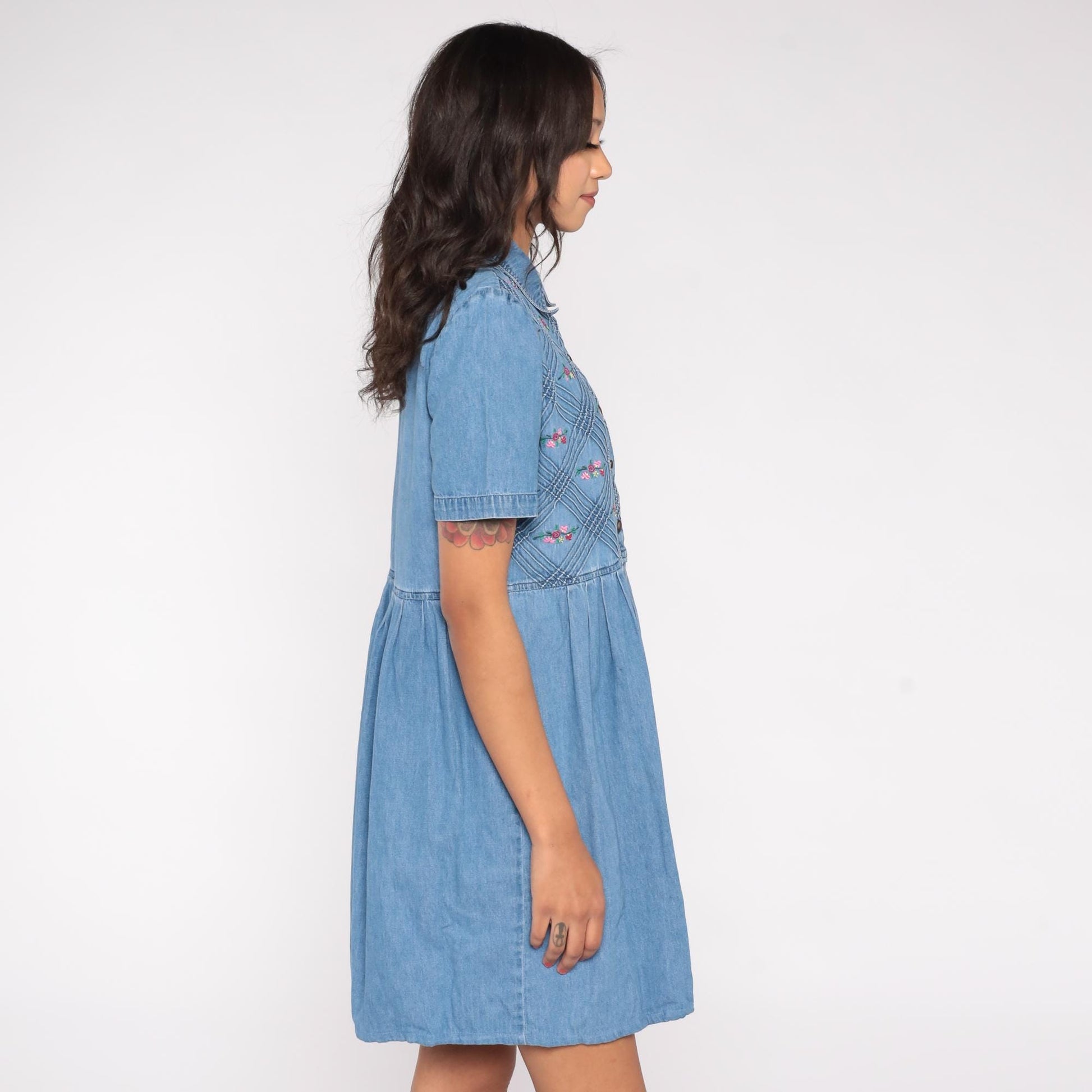 90s Floral Embroidered Denim Mini Dress Blue Collared Short Sleeve Large L