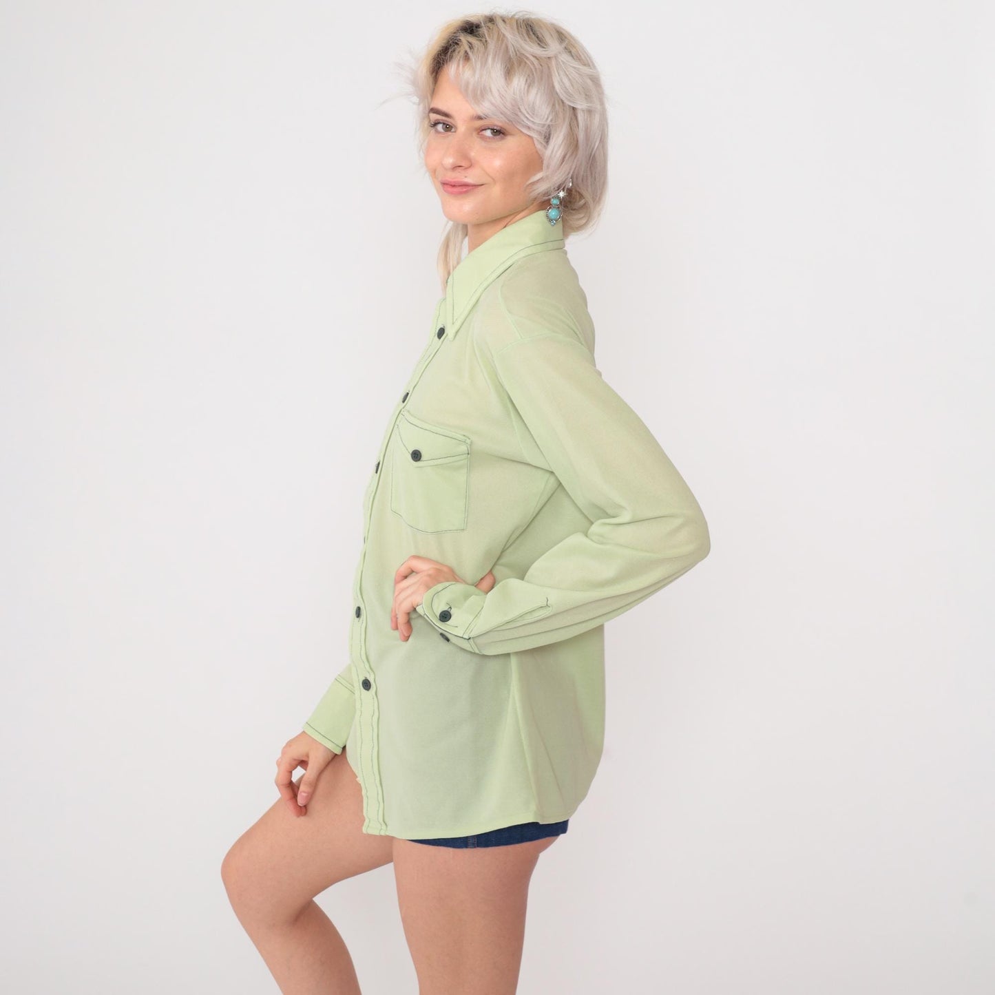 70s Mint Green Button Up Shirt Long Sleeve Collared Men's Large