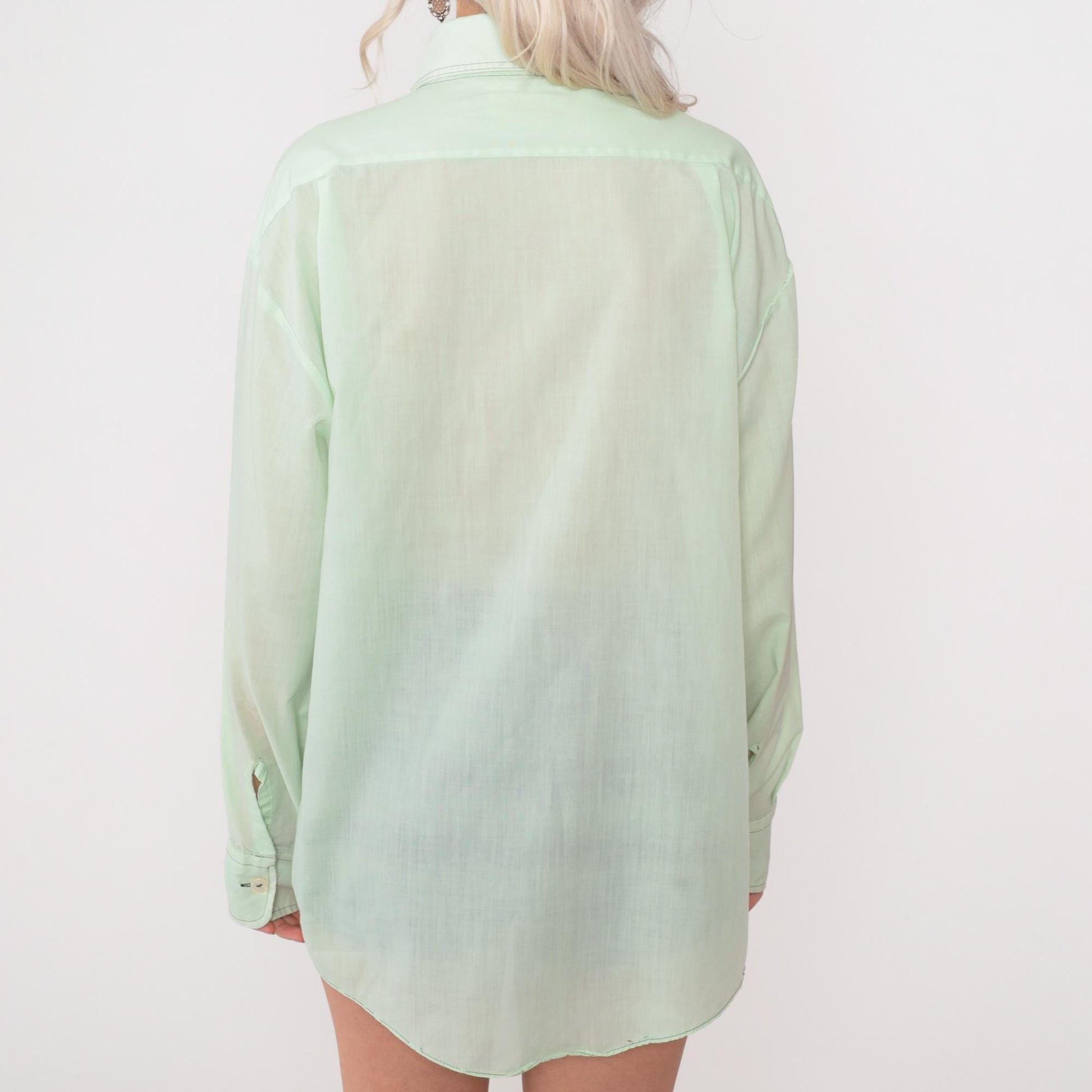 70s Van Heusen Mint Green Button Down Shirt Pointed Collar Polyester Medium
