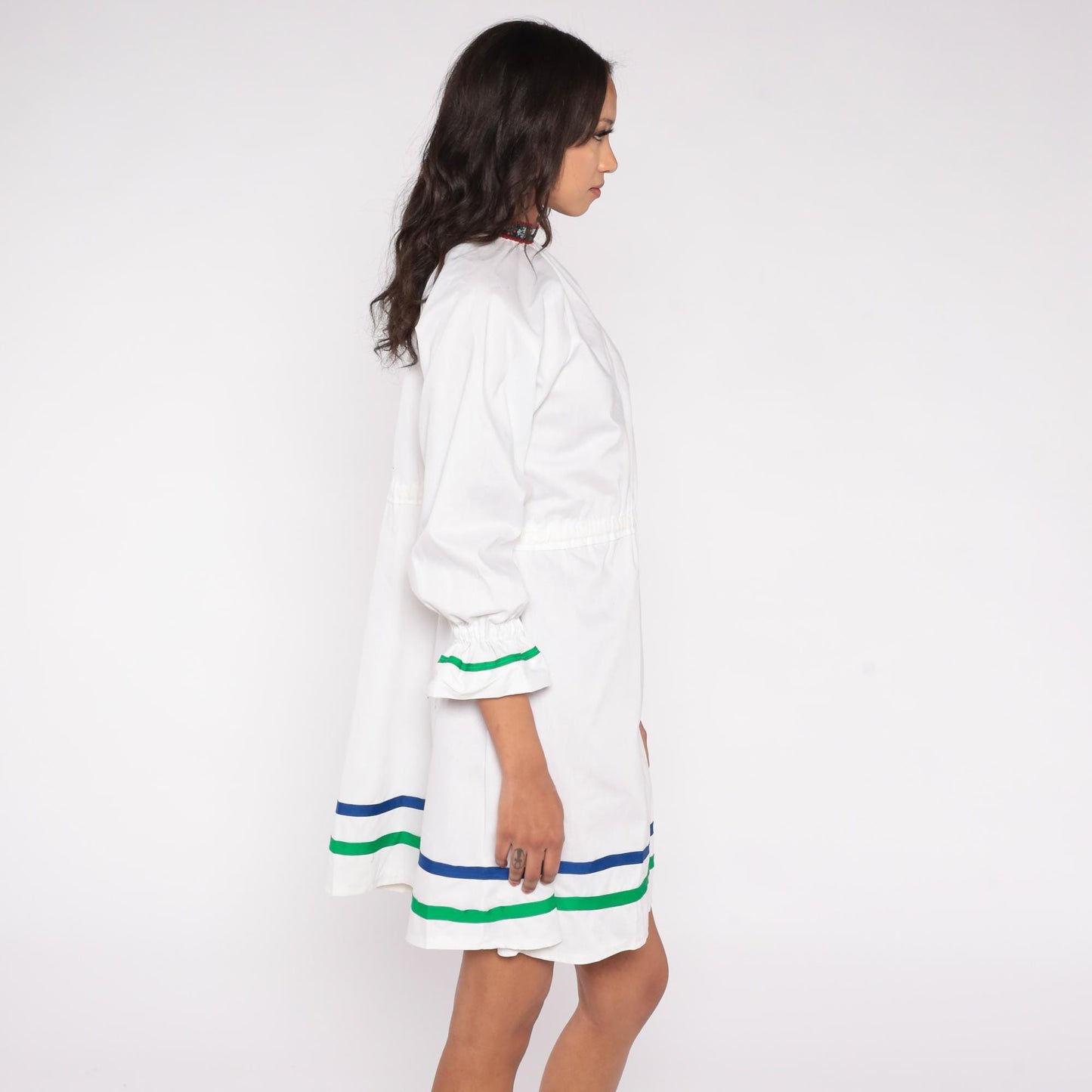 60s White Floral Trim Long Sleeve Fit Flare Mini Dress Green Blue Ribbon Medium Large